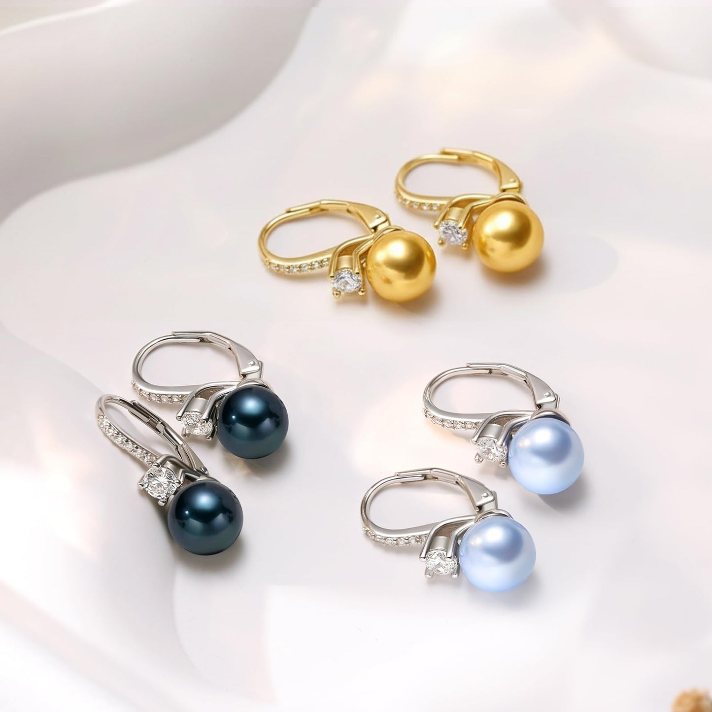 BAMIKI Golden Pearl Drop Dangle Earrings 925 Sterling Silver 14K Gold Plated Cubic Zirconia Leverback Earrings, 8MM Round Saltwater Cultured Pearls Jewelry Gifts for Women Wife Mother
