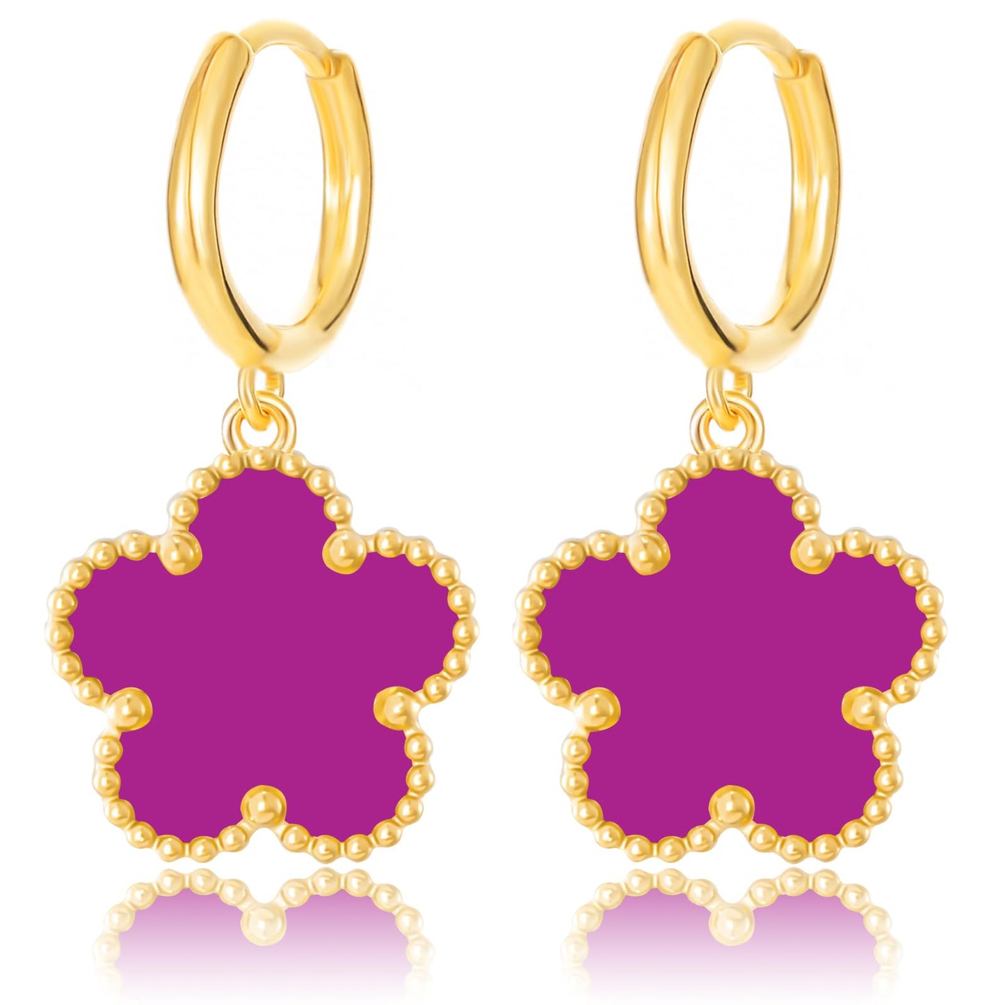 Gold Plated Five Leaf Clover Dangle Dot Earrings for Women Lucky Flower Jewelry (Purple-14K Gold Plated)