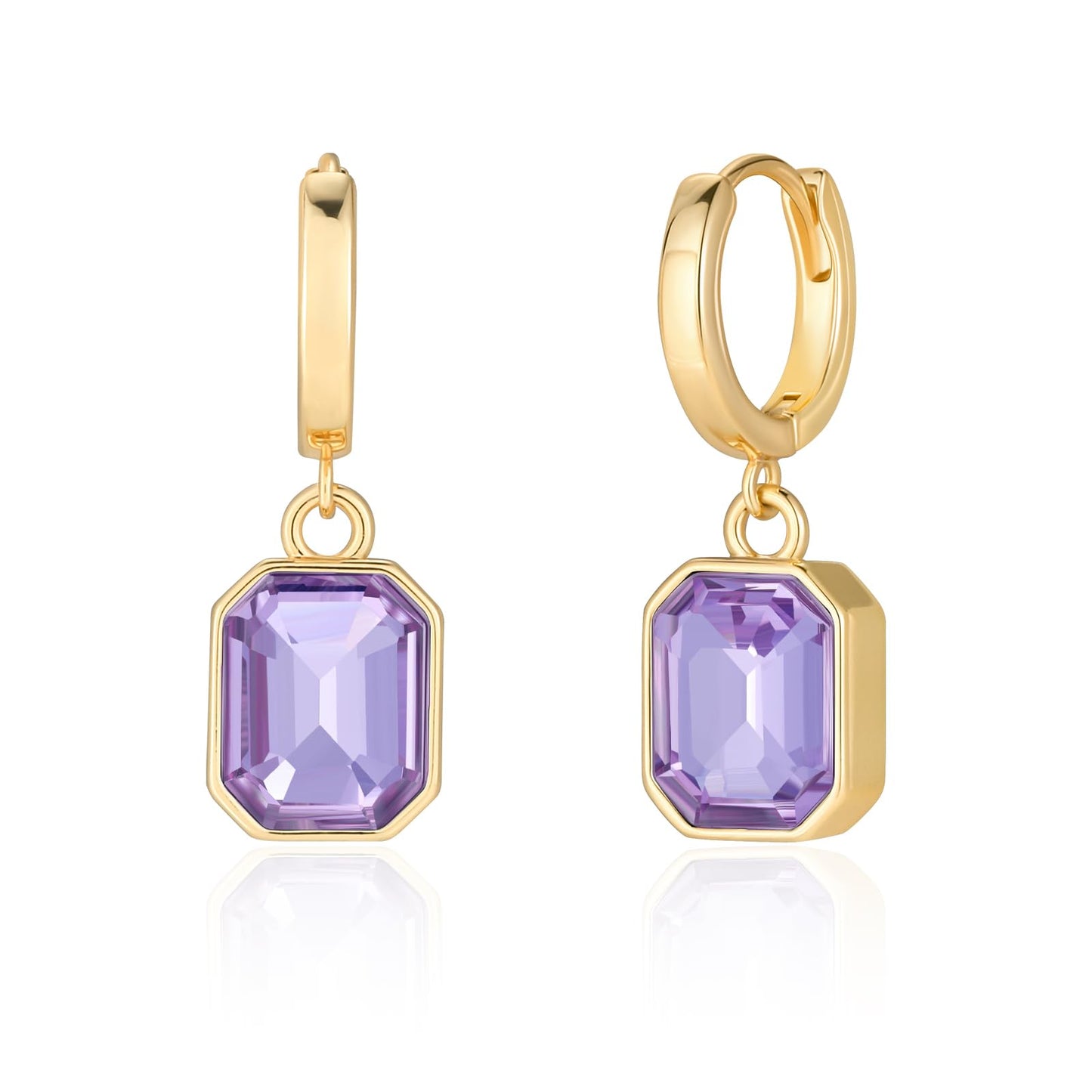 Birthstone Crystal Dangle Drop Earrings, 18K Gold Plated Huggie Hoop Hypoallergenic Earring Jewelry Gifts for Women (Purple)