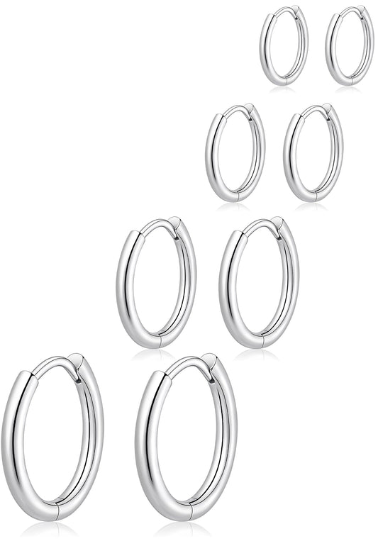 Gokeey Silver Hoop Earrings for Women, Sterling Silver Small Hoop Earrings for Multiple Piercings, Hypoallergenic Huggie Earrings Cartilage Pirecing Jewelry 4 Pair