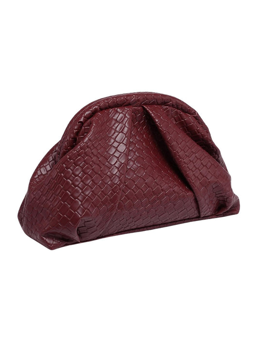 OYOANGLE Women's Minimalist Woven Leather Clutch Purses Textured Kiss Lock Pleated Vintage Evening Handbags Burgundy One-Size