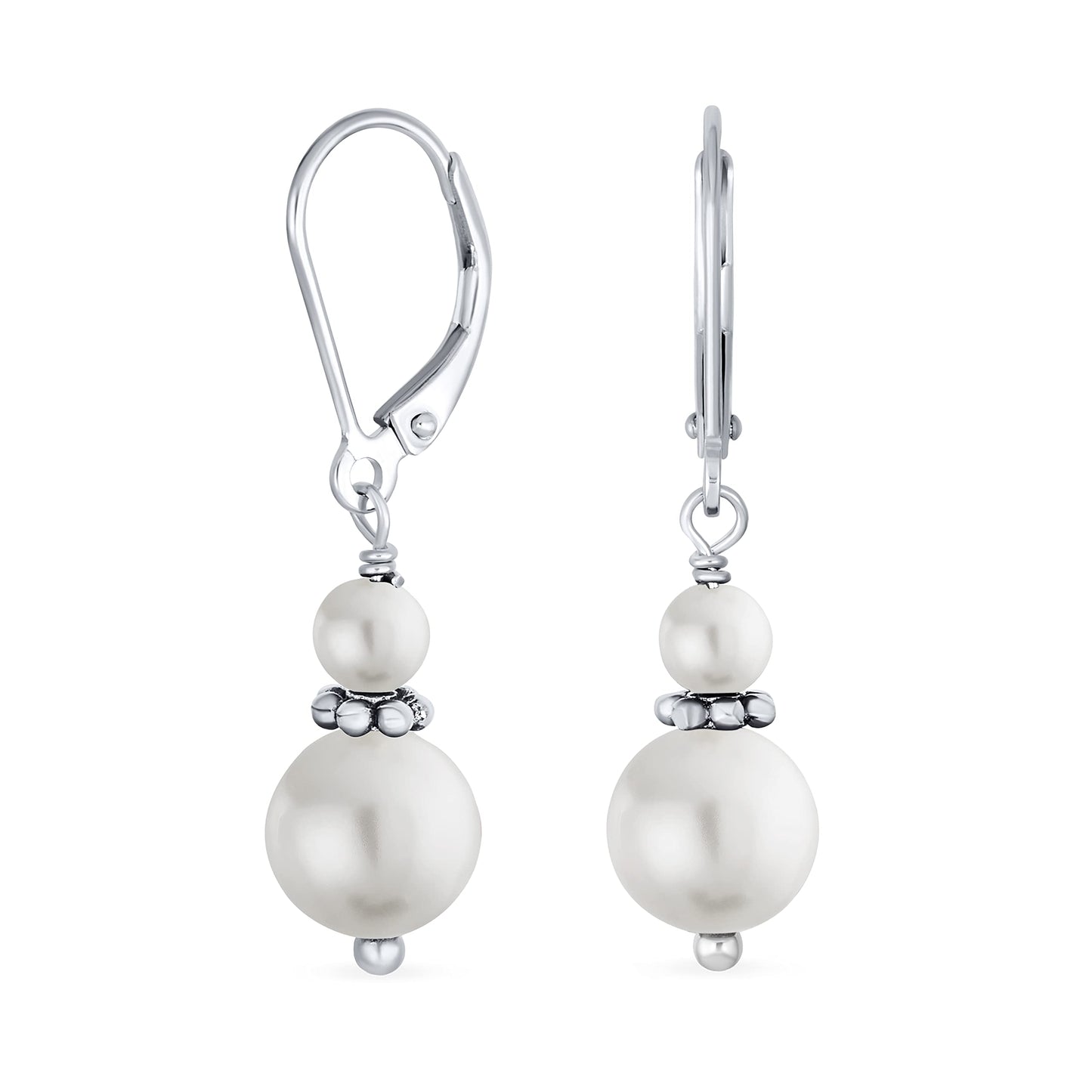 Bling Jewelry Timeless .925 Sterling Silver White Freshwater Cultured Pearl Bead 3MM & 8mm Balls Drop Earrings Milgrain Rondel Separator Lever Back Genuine Gemstone