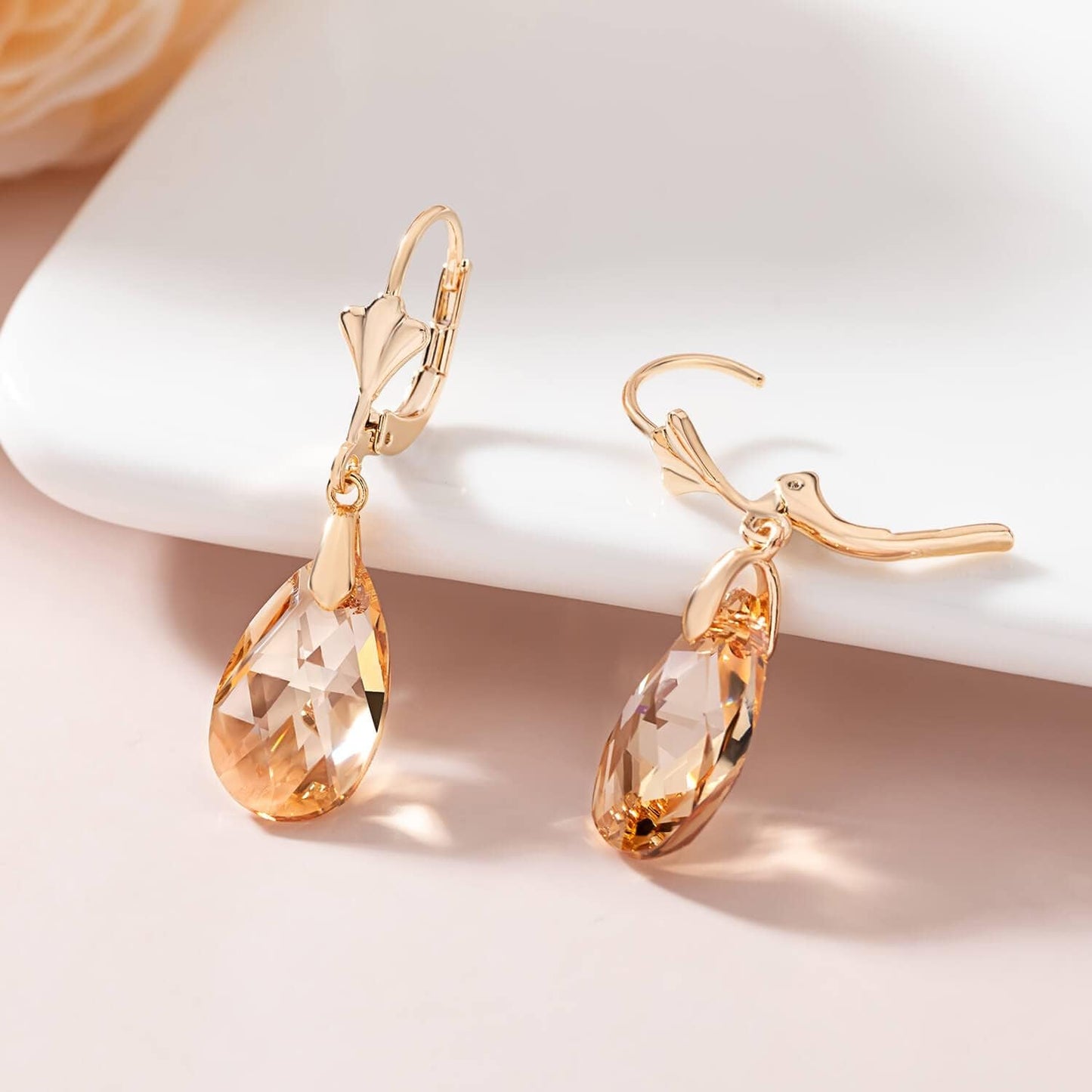 Austrian Crystal Teardrop Leverback Dangle Earrings for Women Fashion 14K Gold Plated Hypoallergenic Jewelry (Topaz)