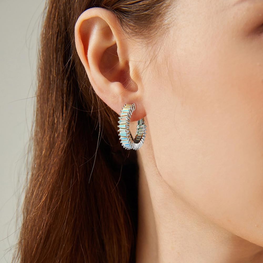 GLOQUAT Iridescent Earrings Aurora Borealis Crystal Hoop Earrings White Gold Plated AB Hoops for Women 925 Sterling Silver Post Trendy Colorful CZ Round Circle Hoops Aura Earring Jewelry 25mm