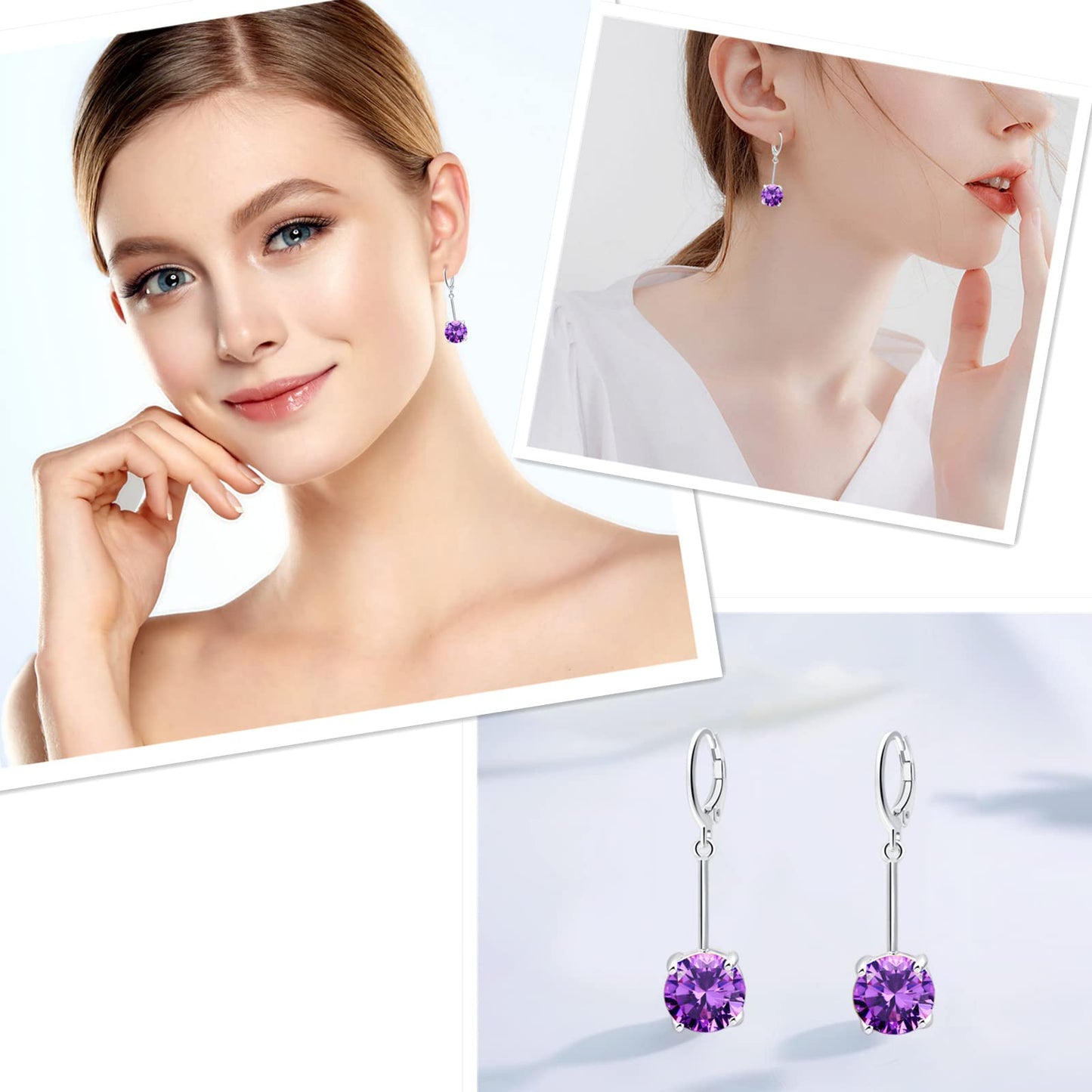 VONSSY Gemstone Drop Dangle Earrings | Platinum /Gold Plated Leverback Crystal Cubic Zirconia Hanging Red /Pink/Blue Earrings (Purple-Platinum)