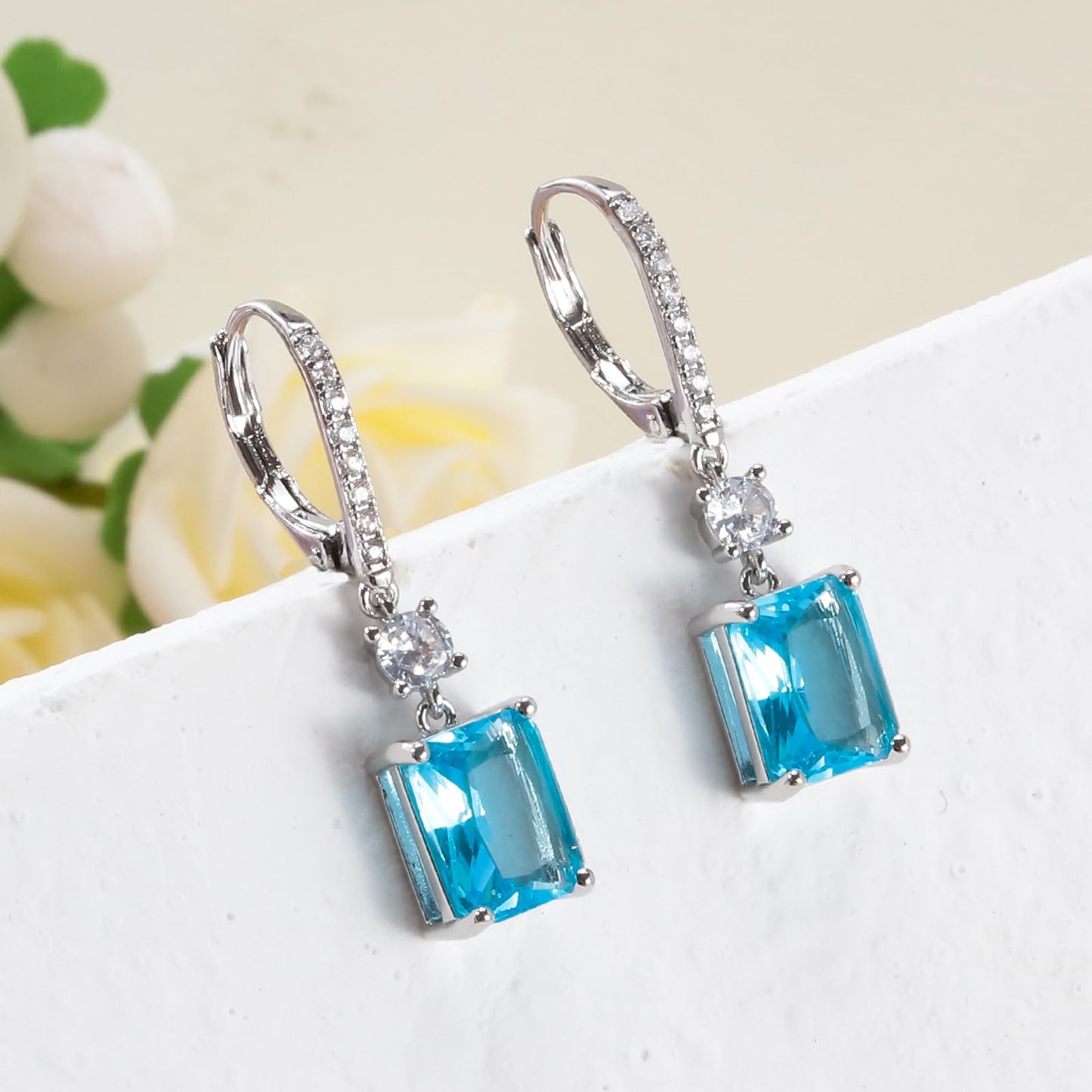 CiNily Leverback Earrings for Women Rectangular-cut Drop Dangle Earring Hypoallergenic, 14K White Gold Plated Blue Cubic Zircon Earrings Diamond Dangle Ear Rings Jewelry Birthday