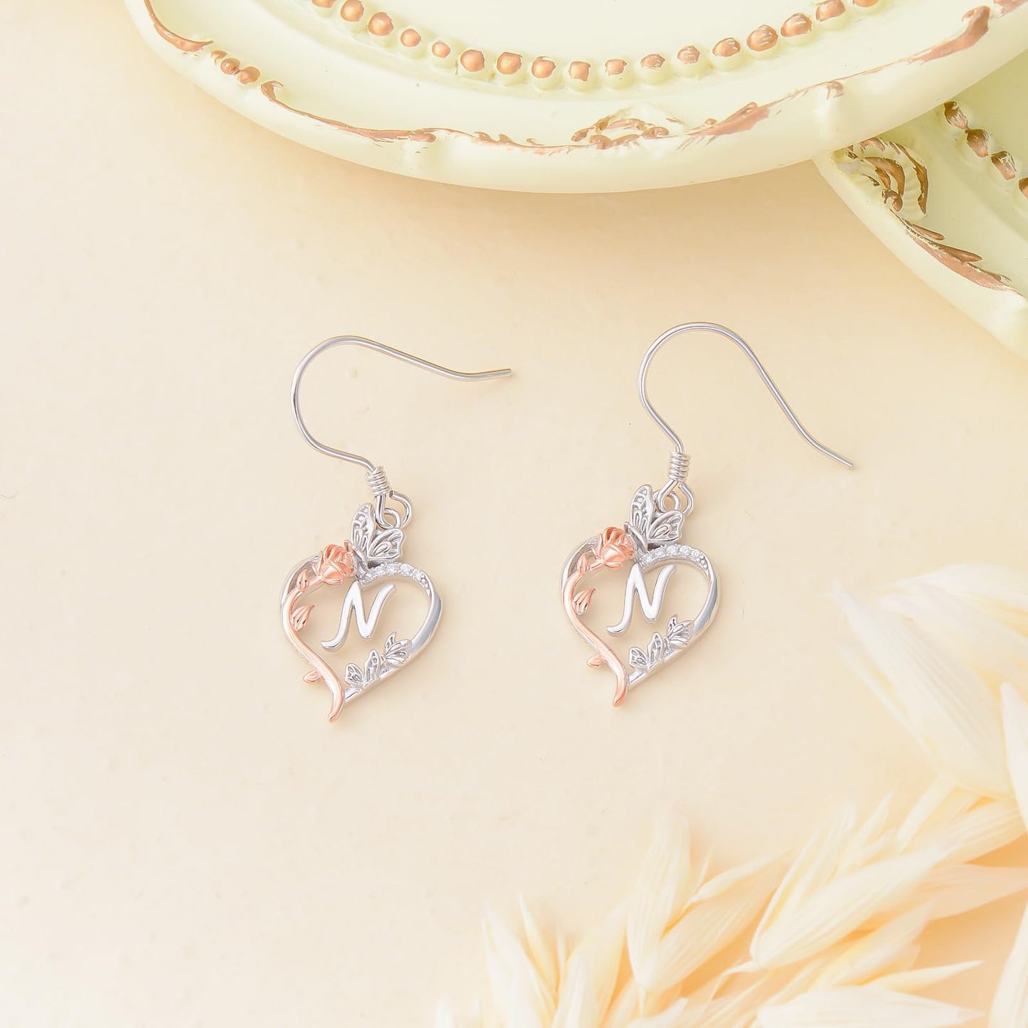 TOUPOP Rose Heart Initial Earrings Sterling Silver Butterfly Earring Initial N Letter Drop Dangle Earrings Jewelry Anniversary Birthday Mothers Day Gifts for Women Mom Wife Girlfriend Her