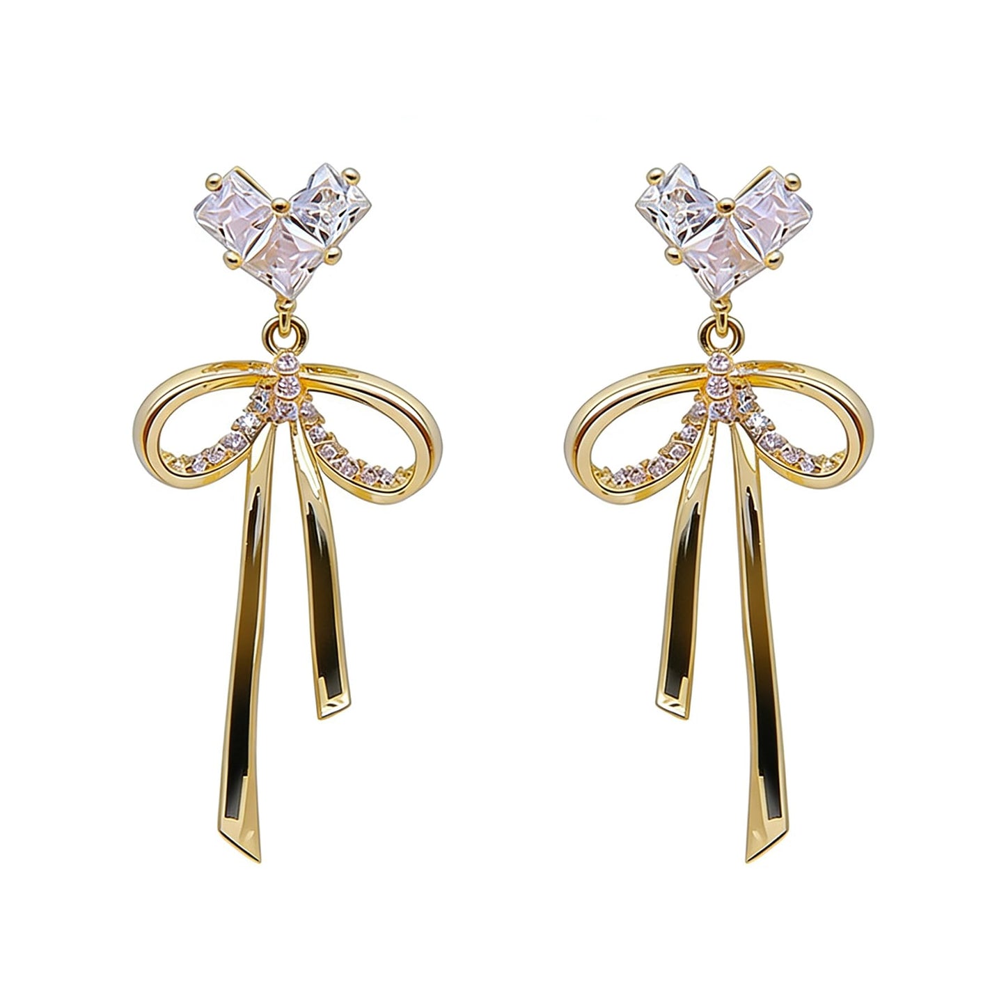 WASAIE Dainty Brass Bow Dangle Earrings for Women,14K Gold Plated Brass Elegance Love Heart Cubic Zirconian Bowknot Earrings for Prom Wedding Brides