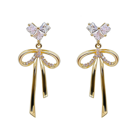 WASAIE Dainty Brass Bow Dangle Earrings for Women,14K Gold Plated Brass Elegance Love Heart Cubic Zirconian Bowknot Earrings for Prom Wedding Brides