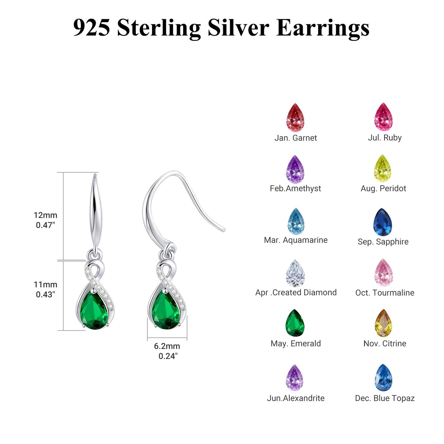 Infinity Birthstone Earrings 18K White Gold Plated 925 Sterling Silver Teardrop Infinity Drop Dangle Earrings May Birthstone Jewelry Birthday Gifts for Women Her Mother Wife
