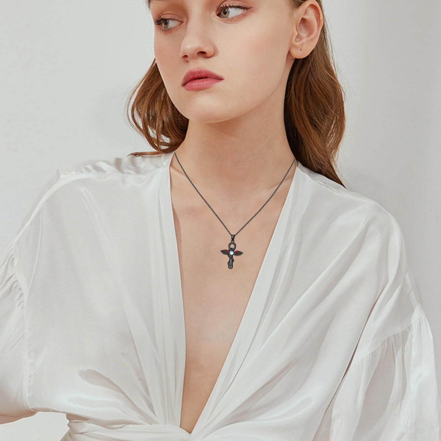 YEESIA Cross Necklace for Men and Women, 925 Sterling Silver, Black Anka Cross Pendant Necklace with Moonstone, Egyptian Protective Jewelry Gift for Men and Women