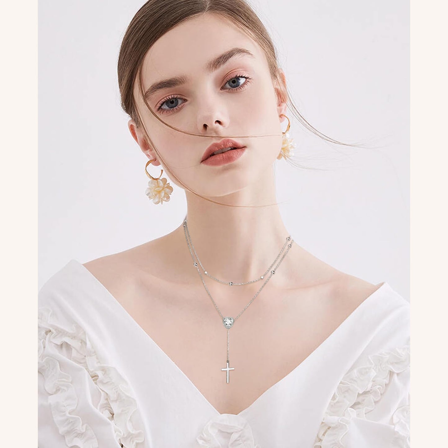 FLYOW Layered Cross Necklace 925 Sterling Silver Heart CZ Double Choker Y Lariat Long Necklace Mothers Day Birthday Valentine's Day Gifts for Women