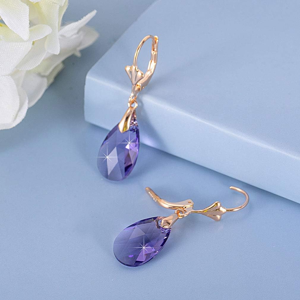 Austrian Crystal Teardrop Leverback Dangle Earrings for Women Fashion 14K Gold Plated Hypoallergenic Jewelry (Tanzanite)