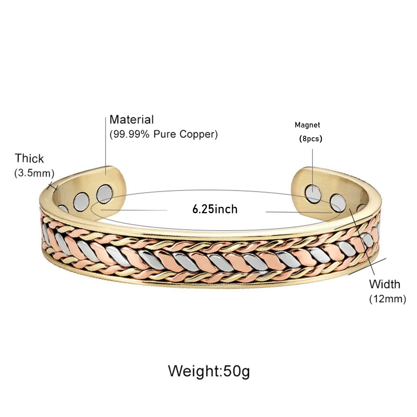 EnerMagiX Copper Bracelet for Men, 99% Pure Copper Adjustable Gold Weaving Magnetic Bracelet with Magnets,Father's Day Jewelry Gifts