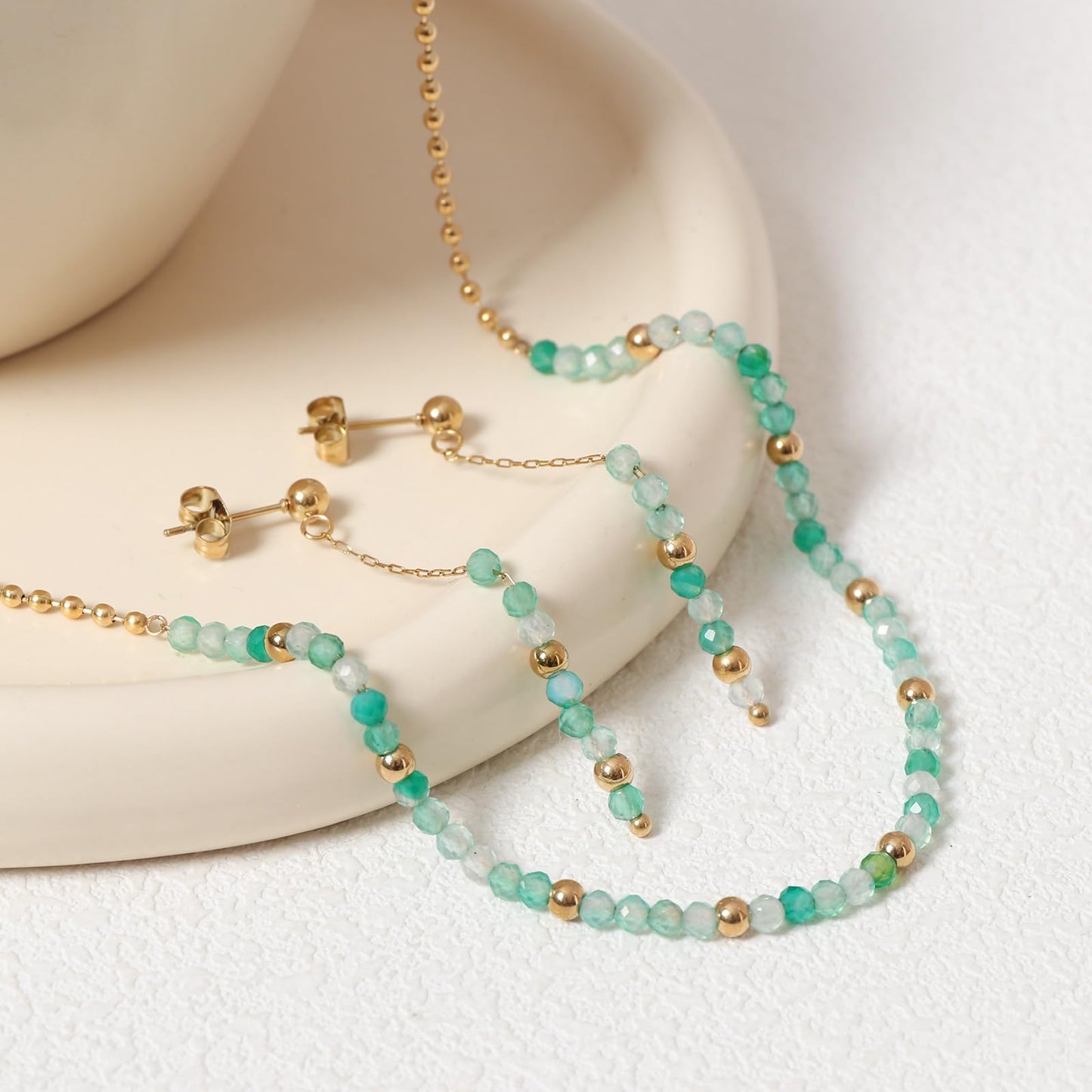 TaYolnFaSo Round Green Fluorite Beads Jewelry Set for Women 18K Gold Plated Green Fluorite Necklace and Earrings Set Gift for Mother