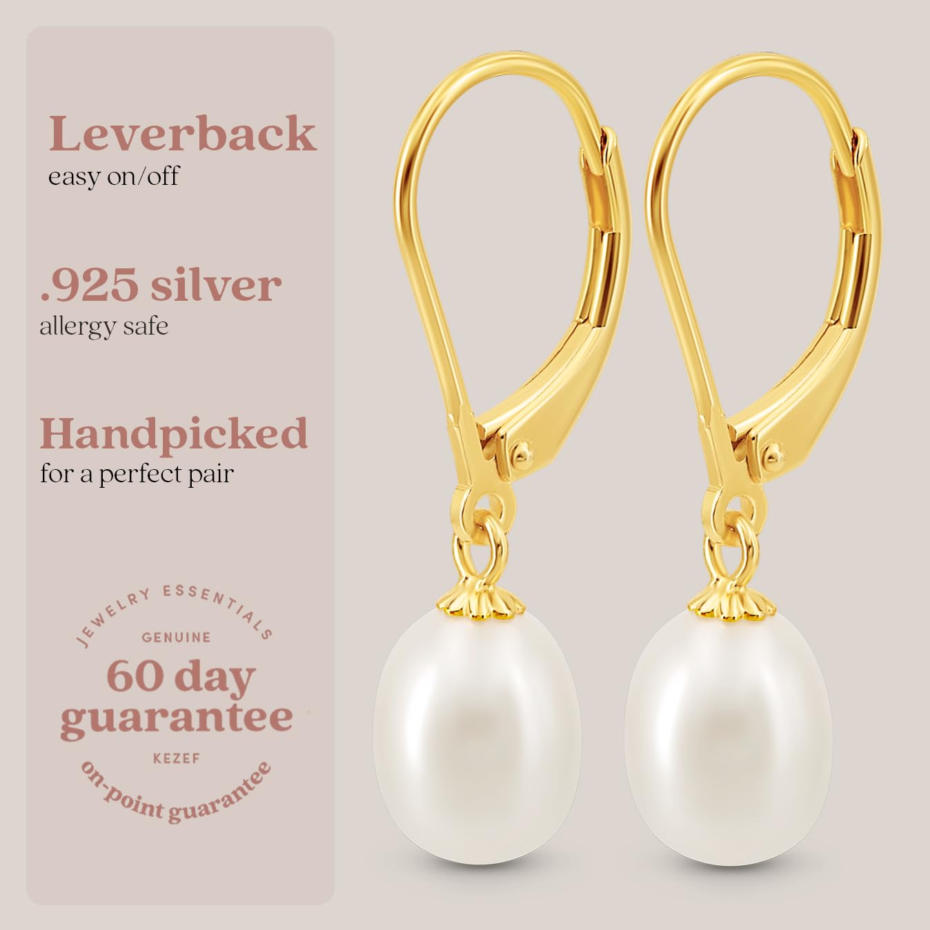 KEZEF Freshwater Pearl Drop Earrings, 14K Gold Plated Sterling Silver, 7-8mm Silver Dangle Earring for Women, Leverback Hypoallergenic Bridal White Pearl Earrings for Women dangling jewelry bridesmaid