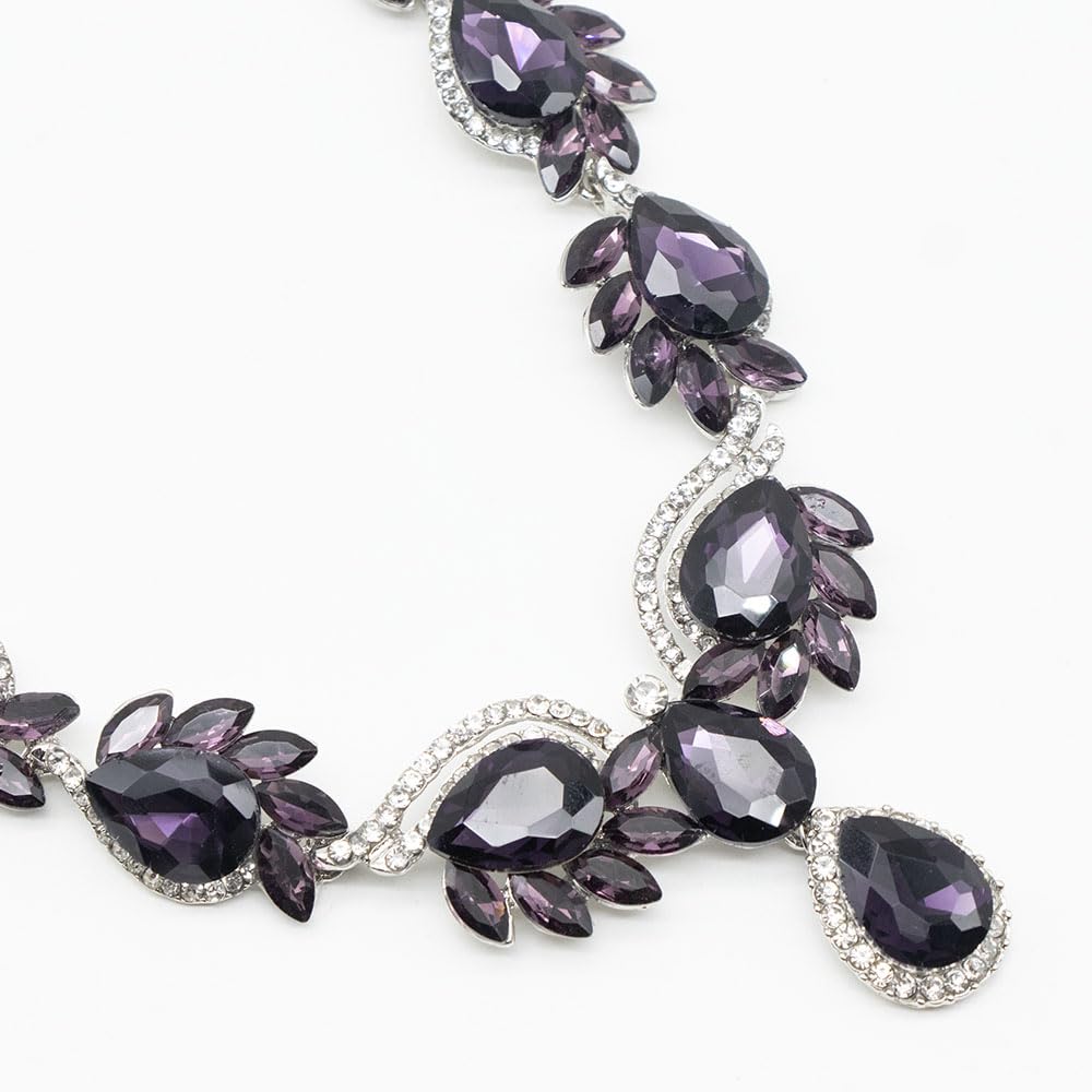 Qlavoca Elegant Crystal Jewelry Set for Women Teardrop Rhinestone Necklace and Dangle Earrings Set for Bridal Evening Prom Jewelry (Purple)