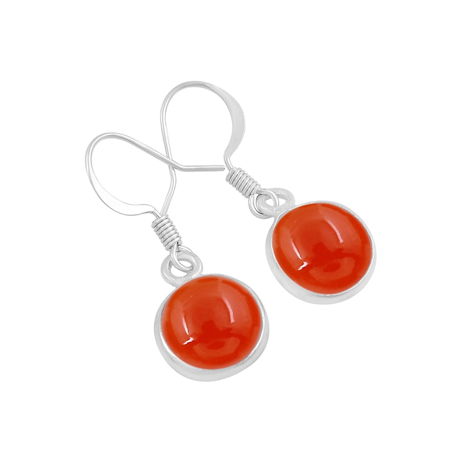 Natural Carnelian 925 Silver Plated Dangle Earrings for Women - Round Shape Orange Color Gemstone July Birthstone Handmade Jewelry Earrings - Anniversary Wedding Gift for Her