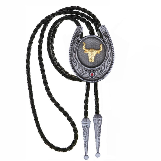 HUABOLA CALYN Vintage Bolo Tie for Men, Rodeo Western Golden Bull Head Bolo Ties, Native American Cowboy Necklace Leather Necktie Costume Accessories for Men Women
