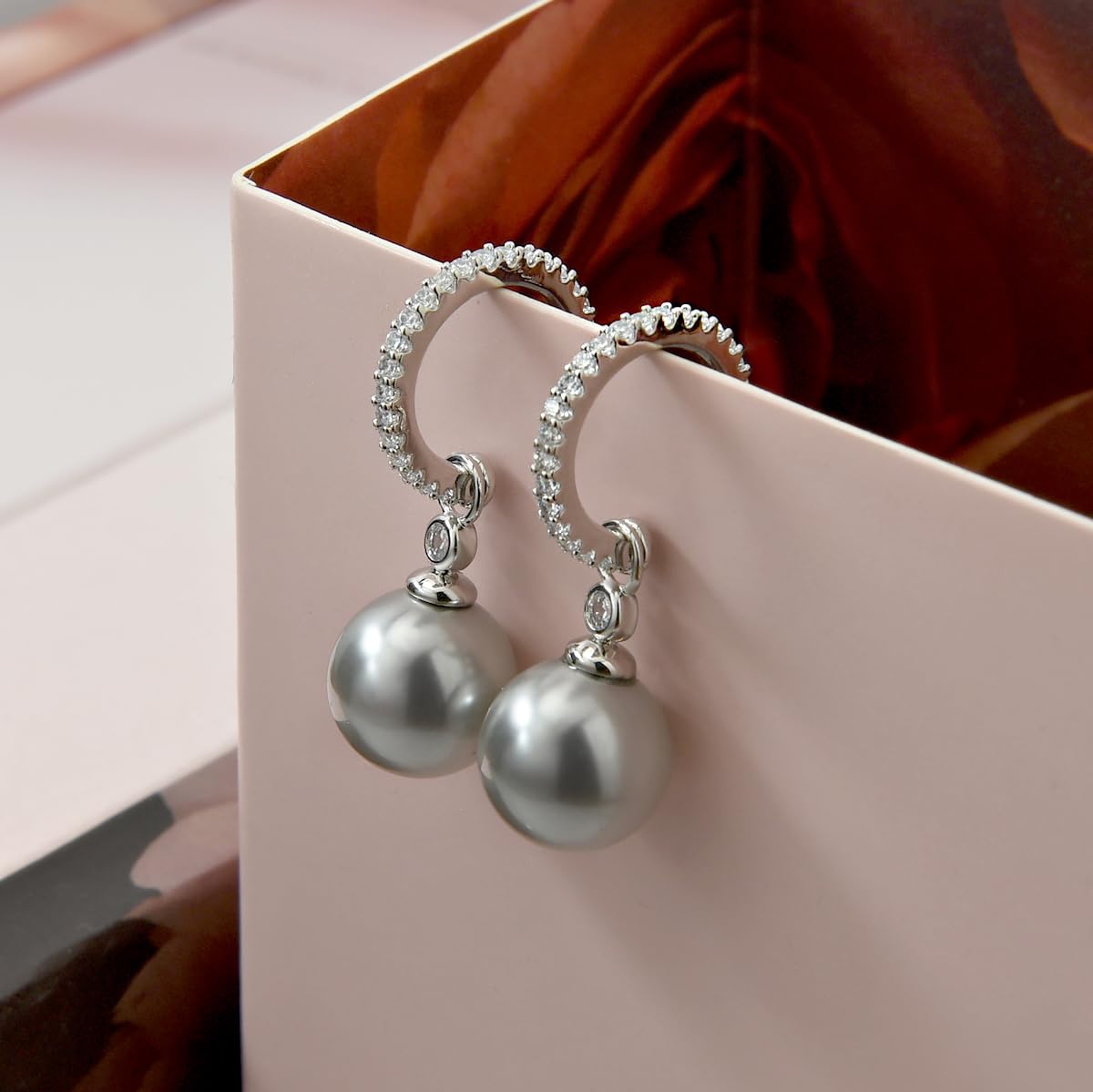 KZZENKI Grey Pearl Earrings for Women, Sterling Silver Post Drop Earrings, Open Hoop Peal Dangle Earrings Bridal Jewelry