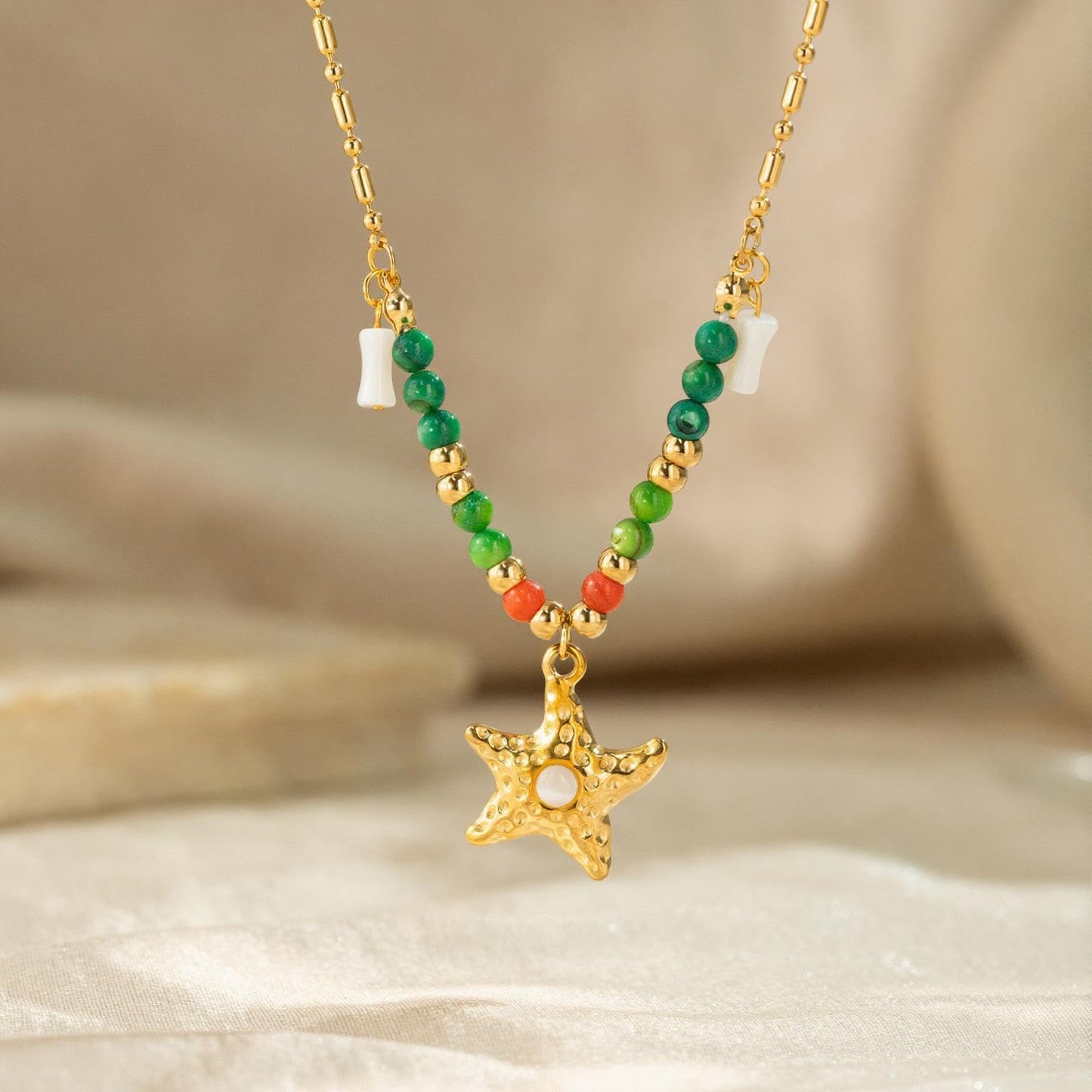 WASAIE Unique Starfish Green Red Bead Charm Necklace for Women, Adjustable Gold Plated Stainless Steel, Beach Surf Vacation Summer Travel Jewelry Colorful Choker
