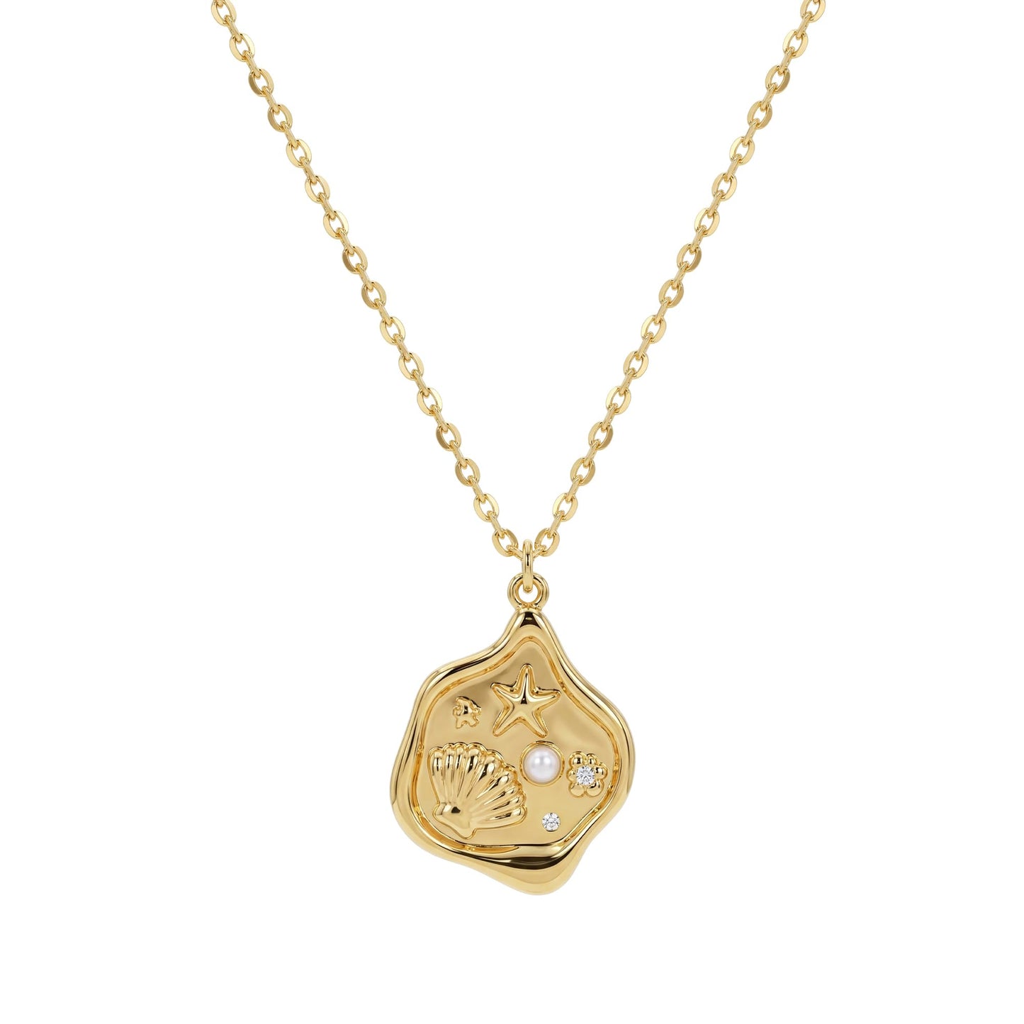 MEVECCO Dainty Gold Shell Starfish Pendent Necklace for Women 18K Gold Plated Beach Cute Starfish Pearl Necklace Irregularity Stamp Boho Handmade Ocean jewelry