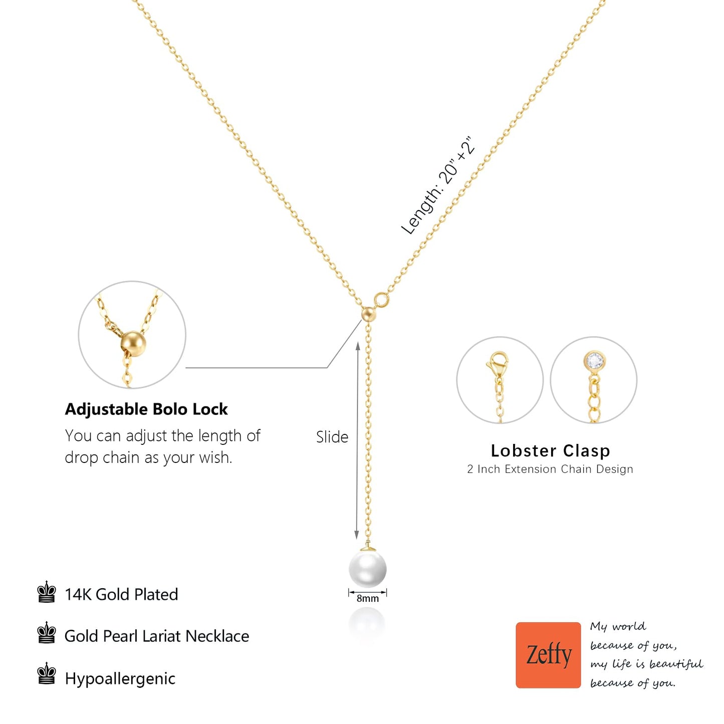 Zeffy Long Pearl Necklaces Dainty Gold Pearl Lariat Necklace Prom Drop Dangle Adjustable Necklace Trendy Simple Pearl Choker Y-Shaped Chain Wedding Women's Jewelry Set Gift