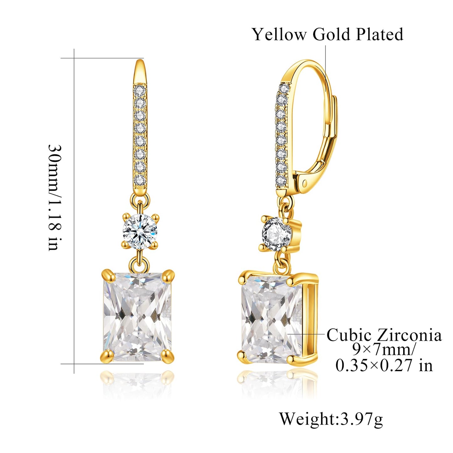 CiNily Leverback Earrings for Women Rectangular-cut Drop Dangle Earrings Hypoallergenic, 14K Gold Plated White Cubic Zircon Earrings Diamond Dangle Earrings Jewelry Wedding
