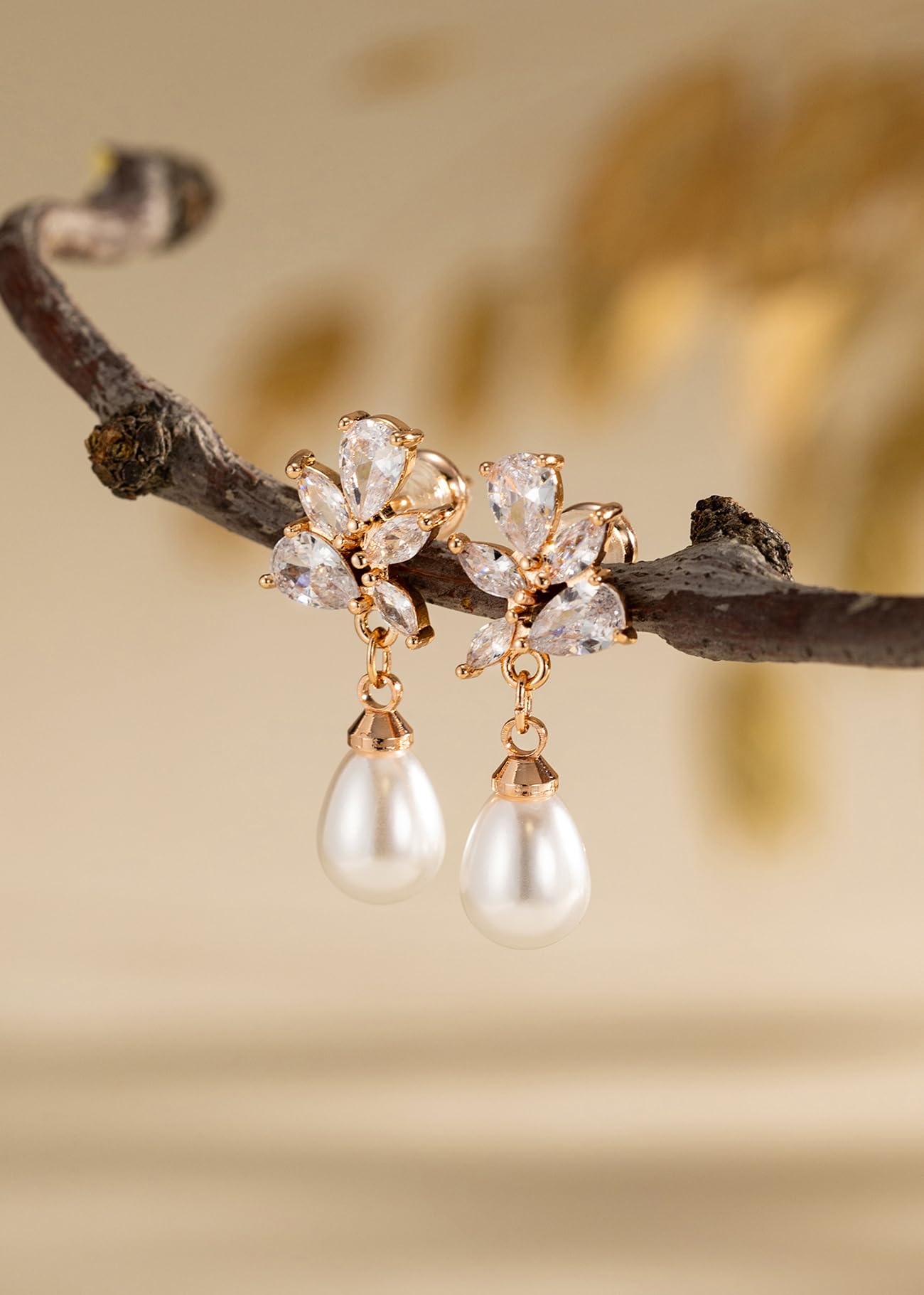 PRTGL Pearl Earrings: 14k Rose Gold Plated Cubic Zirconia Accented Teardrop Pearl Drop Wedding Engagement Earrings For Women Bridal Bridesmaid (Leaf Designed)