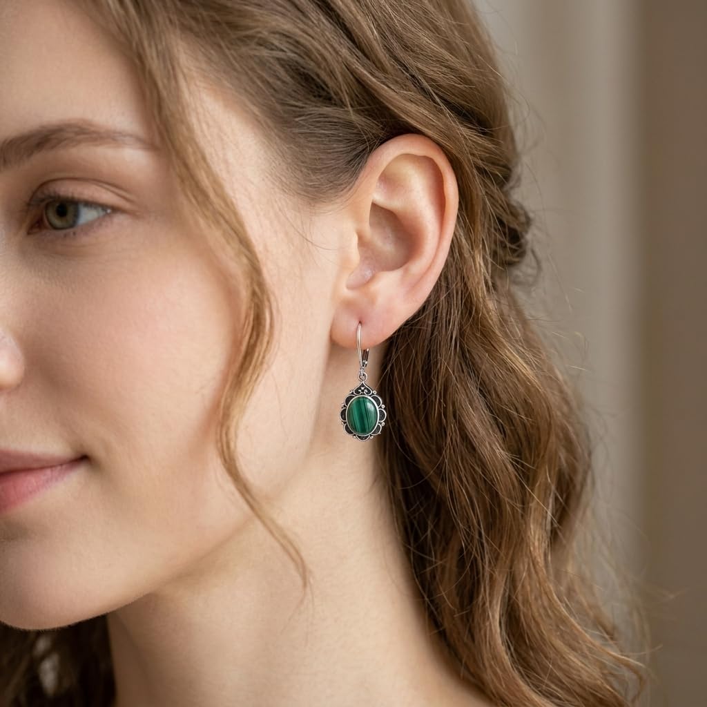 Malachite Drop Earrings for Women 925 Sterling Silver Vintage Oval 9x7mm Filigree Leverback Dangle Earrings, Gothic Victorian Antique Jewelry Gifts