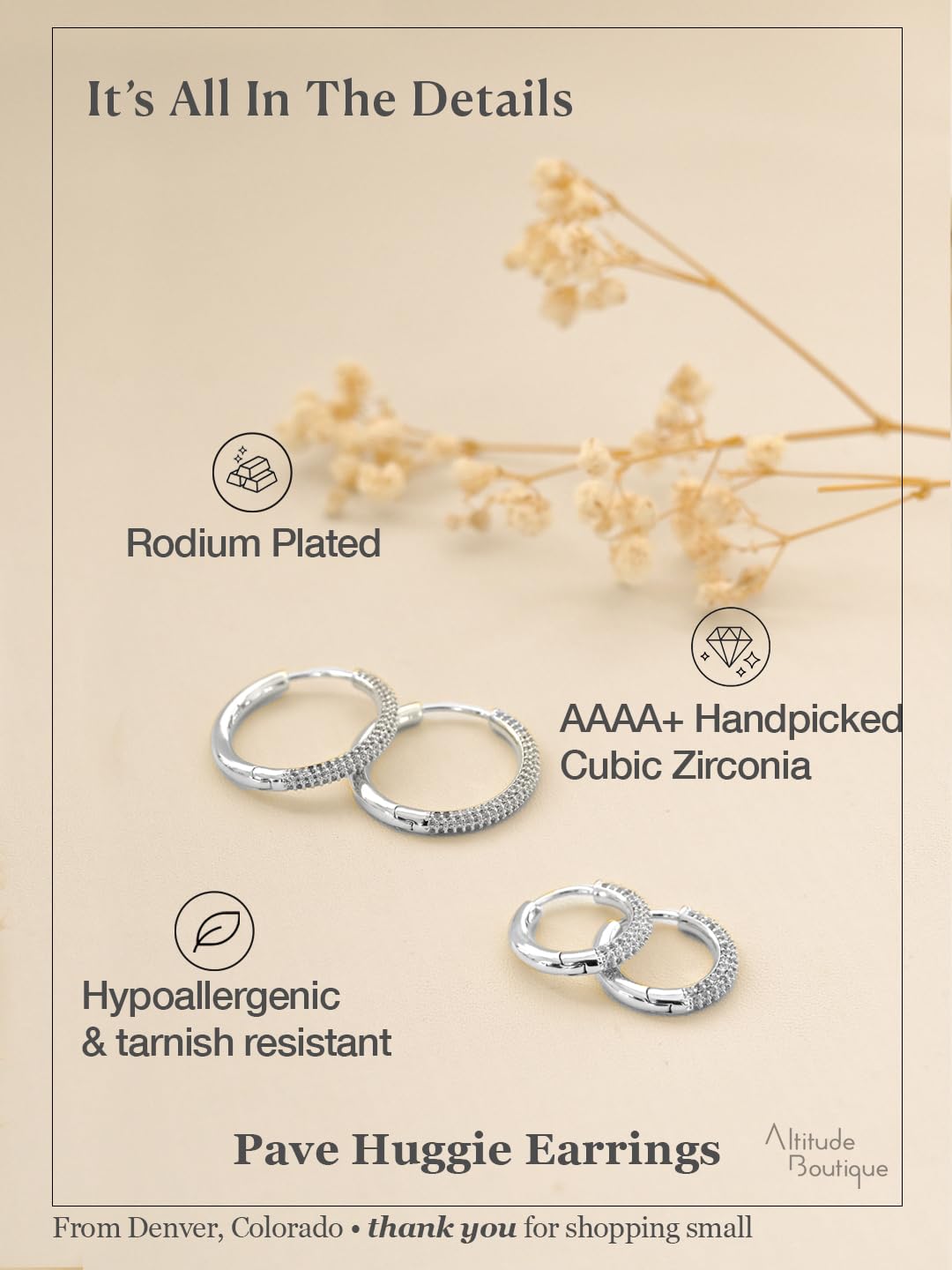 Altitude Boutique CZ Pave Huggie Hoop Earrings | 14K Gold-Plated or Rhodium-Plated | 4-Row Cubic Zirconia Hoops in 17mm or 25mm | Hypoallergenic Modern Statement Hoop Earrings for Women (Silver, 17mm)