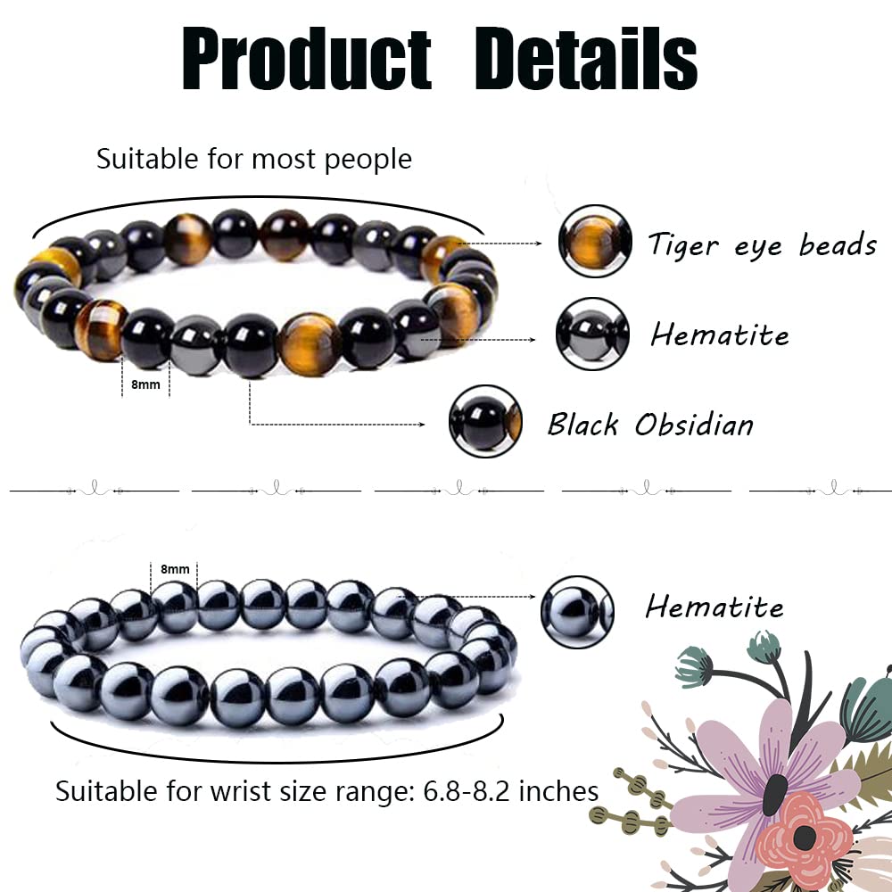 WAINIS 10PCS 8mm Black Hematite Bead Therapy Bracelet For Men Women Stone Bracelet Stress Relieving Triple Protection Anxiety Relief Bracelet Jewelry