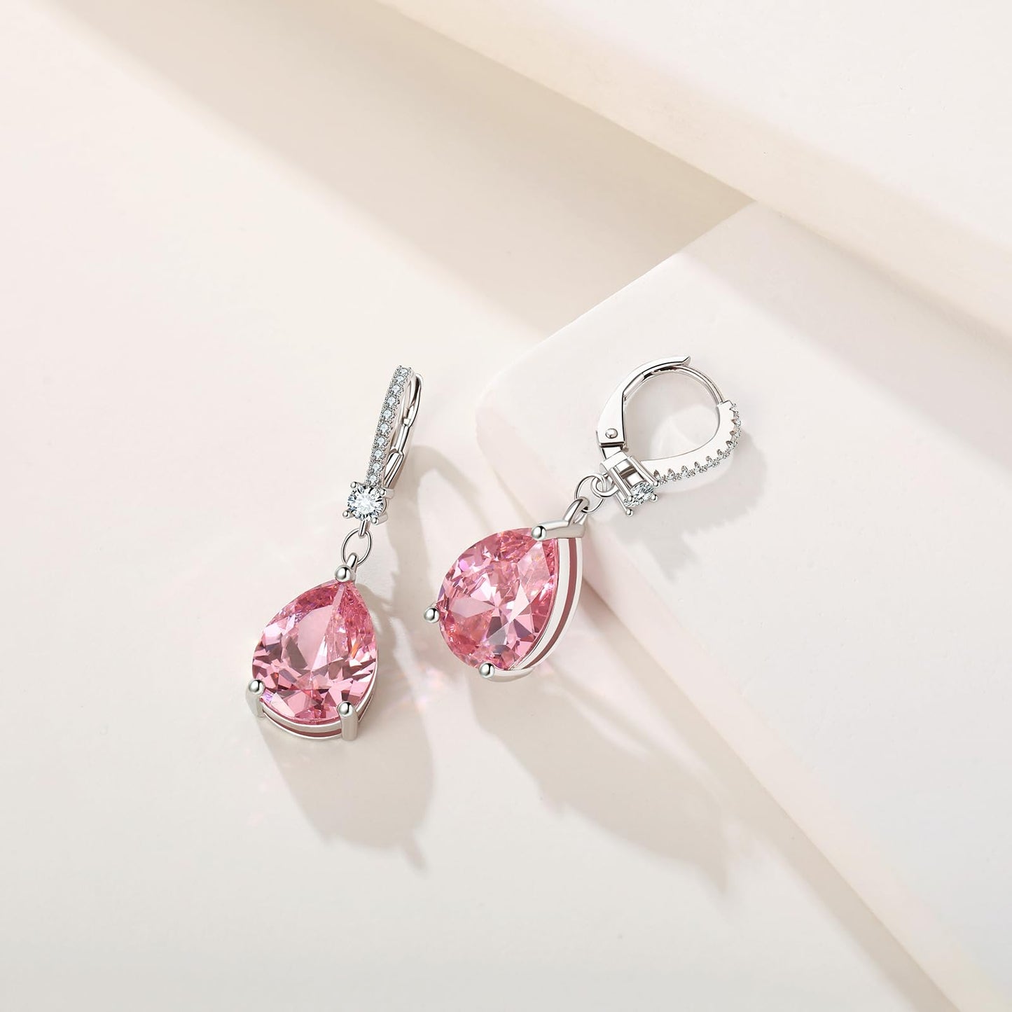 BAMIKI Sterling Silver Teardrop Leverback Dangle Earrings for Women Hypoallergenic, 10×14mm Pear Birthstone Pink Cubic Zircon Drop Earrings Trendy Jewelry Gifts for Wife Daughter Mother