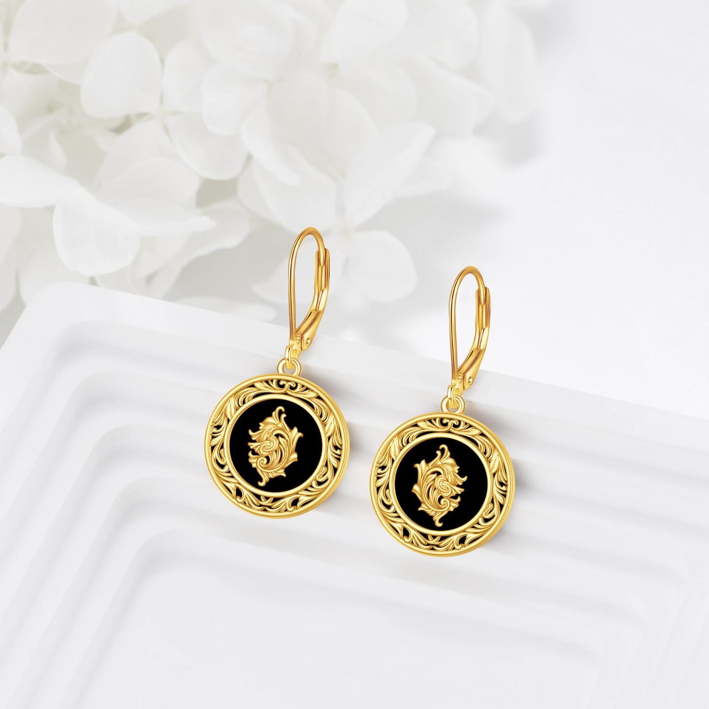 Black Onyx Drop Earrings for Women Sterling Silver 18K Yellow Gold Plated Filigree Black Onyx Dangle Leverback Earrings Jewelry Gifts