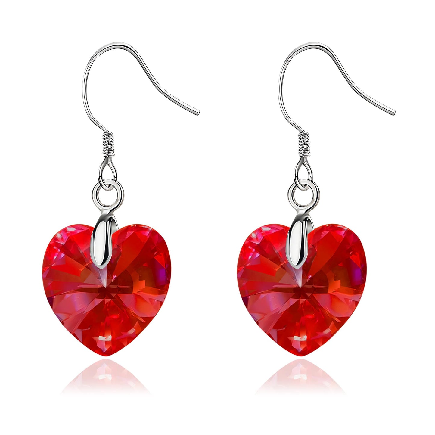 Austrian Crystal Heart Drop Dangle Earrings for Women 925 Sterling Silver Hook Hypoallergenic Earring (Red)