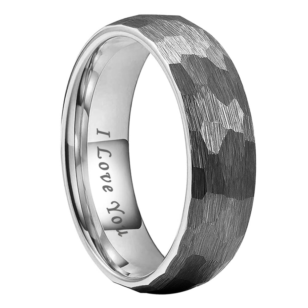 TUTISS 6mm Hammered Tungsten Carbide Rings for Men Women Engagement Wedding Bands Domed I Love You Engraved Comfort Fit Size 7