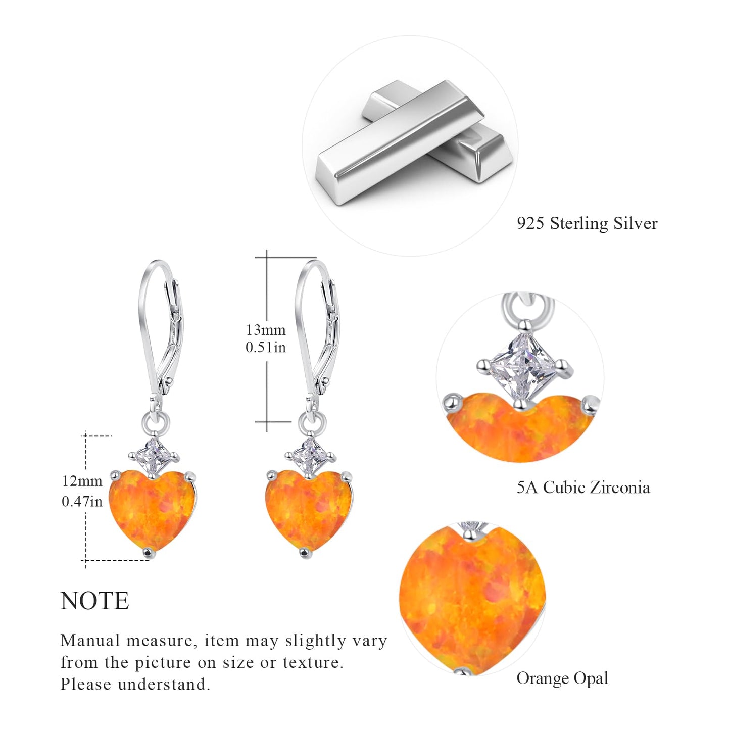 Heart Opal Earrings, S925 Sterling Silver Orange Opal Drop Earring Jewelry Gifts for Women for Best Friend