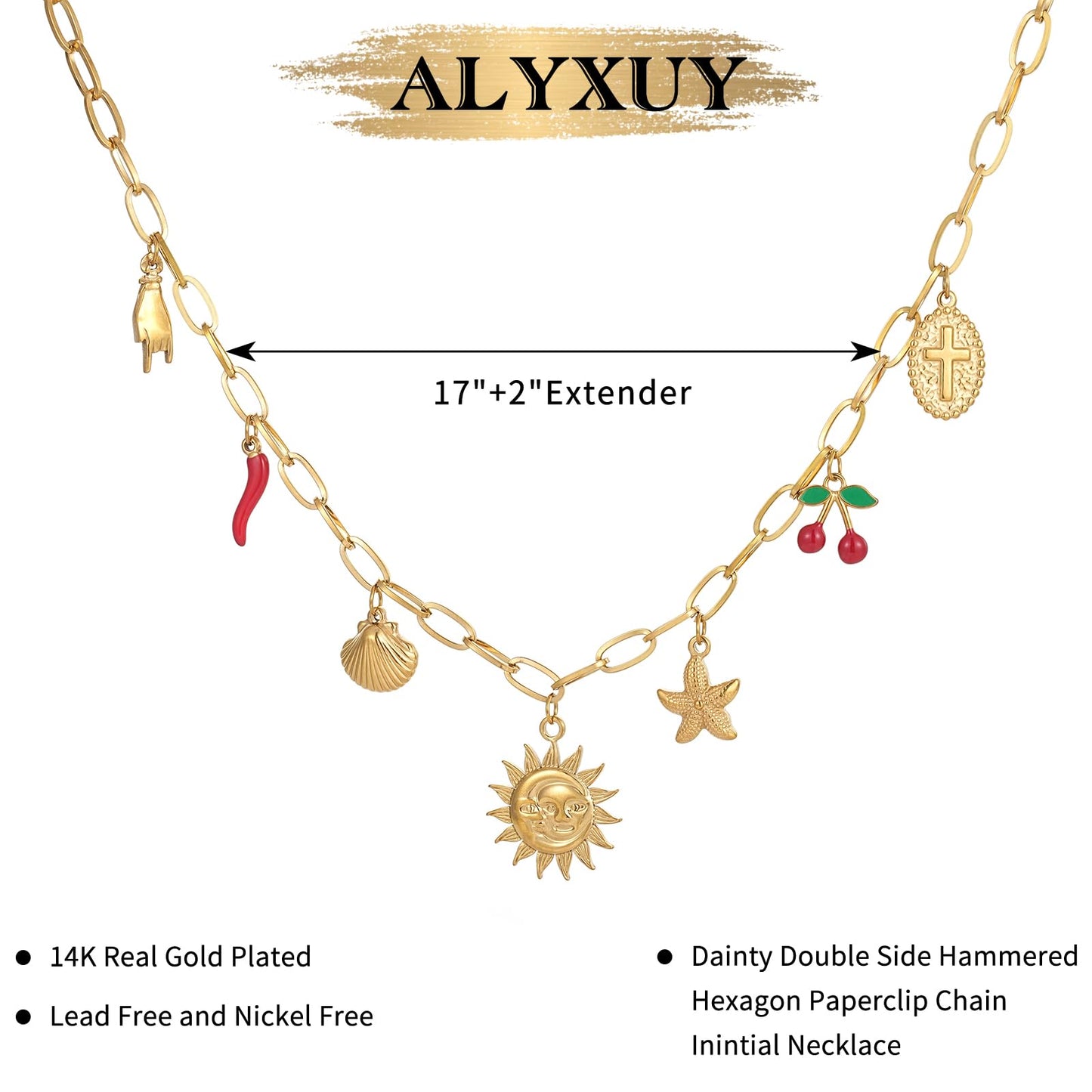 Trendy Stainless Steel Gold Plated Charm Necklace with Heart Pearl Pepper Conch Ceramic Pendant Necklace for Women Collares Chokers Jewelry (Sun Necklace)