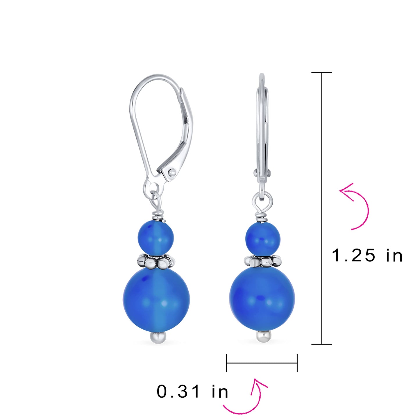 Bling Jewelry Bali Style .925 Sterling Silver Blue Agate Bead 3MM & 8mm Balls Drop Earrings Milgrain Rondel Separator Lever Back Genuine Gemstone