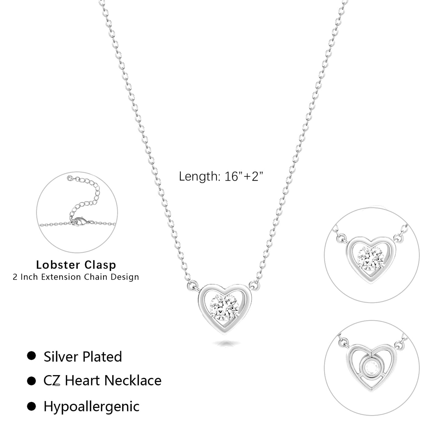 Zeffy Silver Necklace for Women Simple Tiny CZ Heart Pendant Cubic Zirconia Cute Love Necklaces Dainty Sterling Silver Diamond Necklace Heart Choker Trendy Minimalist Jewelry Gifts