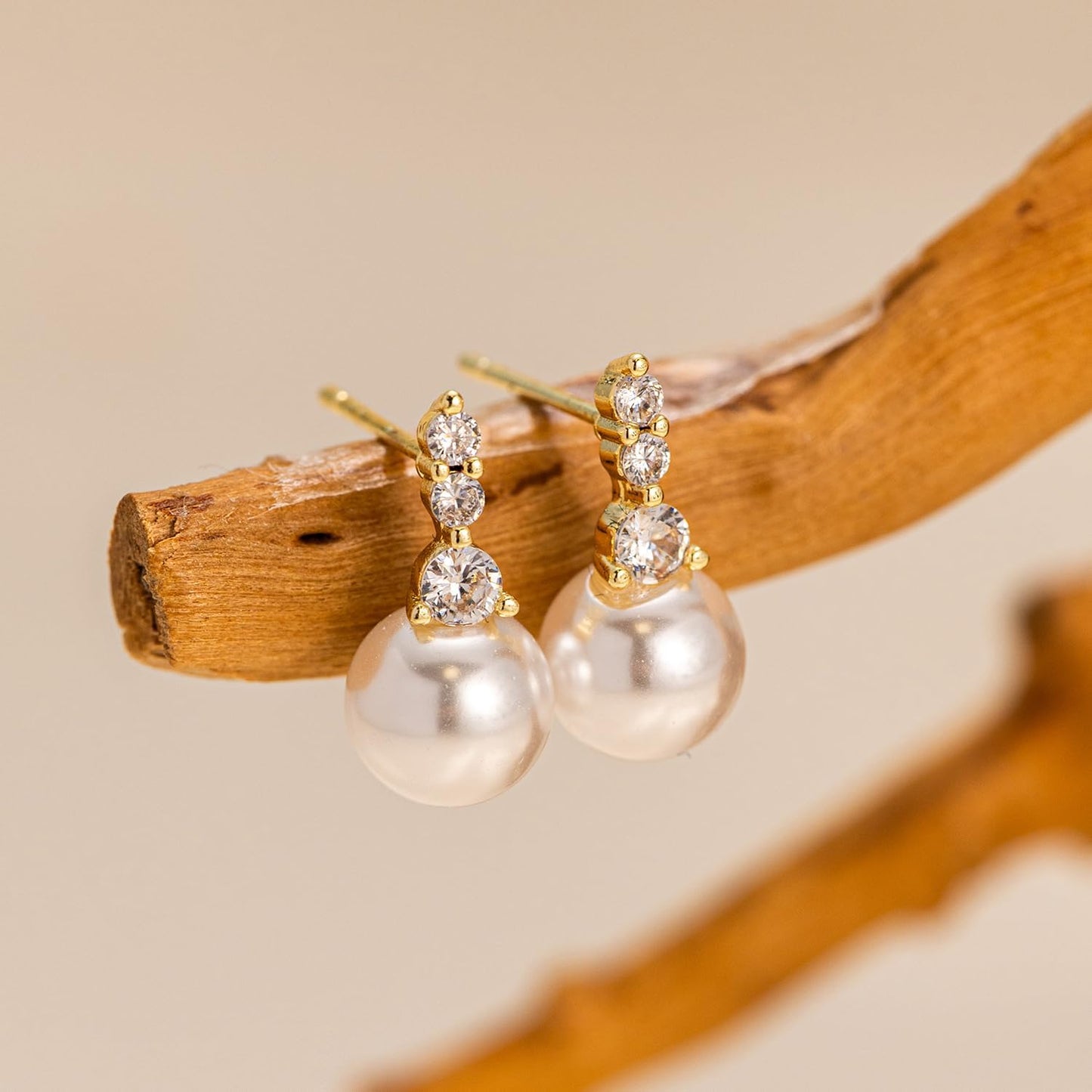 PRTGL Pearl Earrings - 14K Gold Plated Pearl Cubic Zirconia Drop Wedding Earrings for Bridal Bridesmaid Women