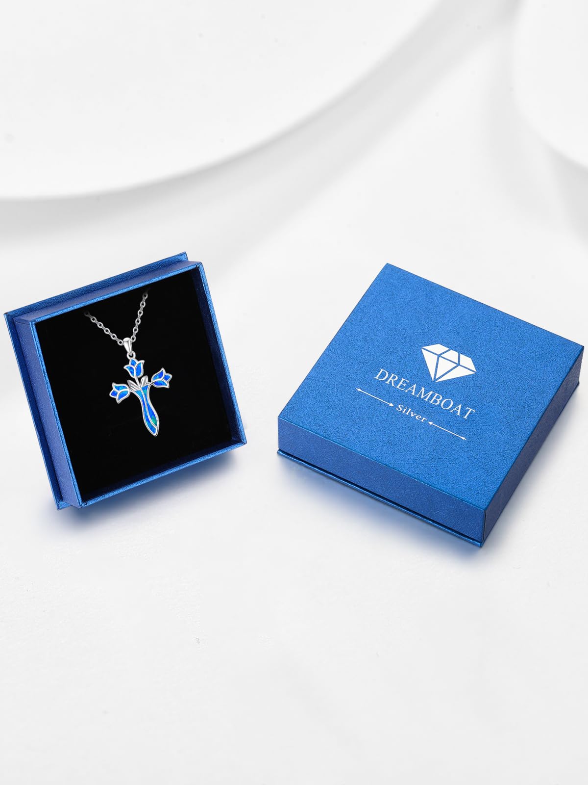 Dreamboat Opal Cross Necklace for Women Sterling Silver Cross Pendant Christian Necklace Tulip Rose Blue Opal Faith Confirmation Gifts Religious Jewelry for Mom
