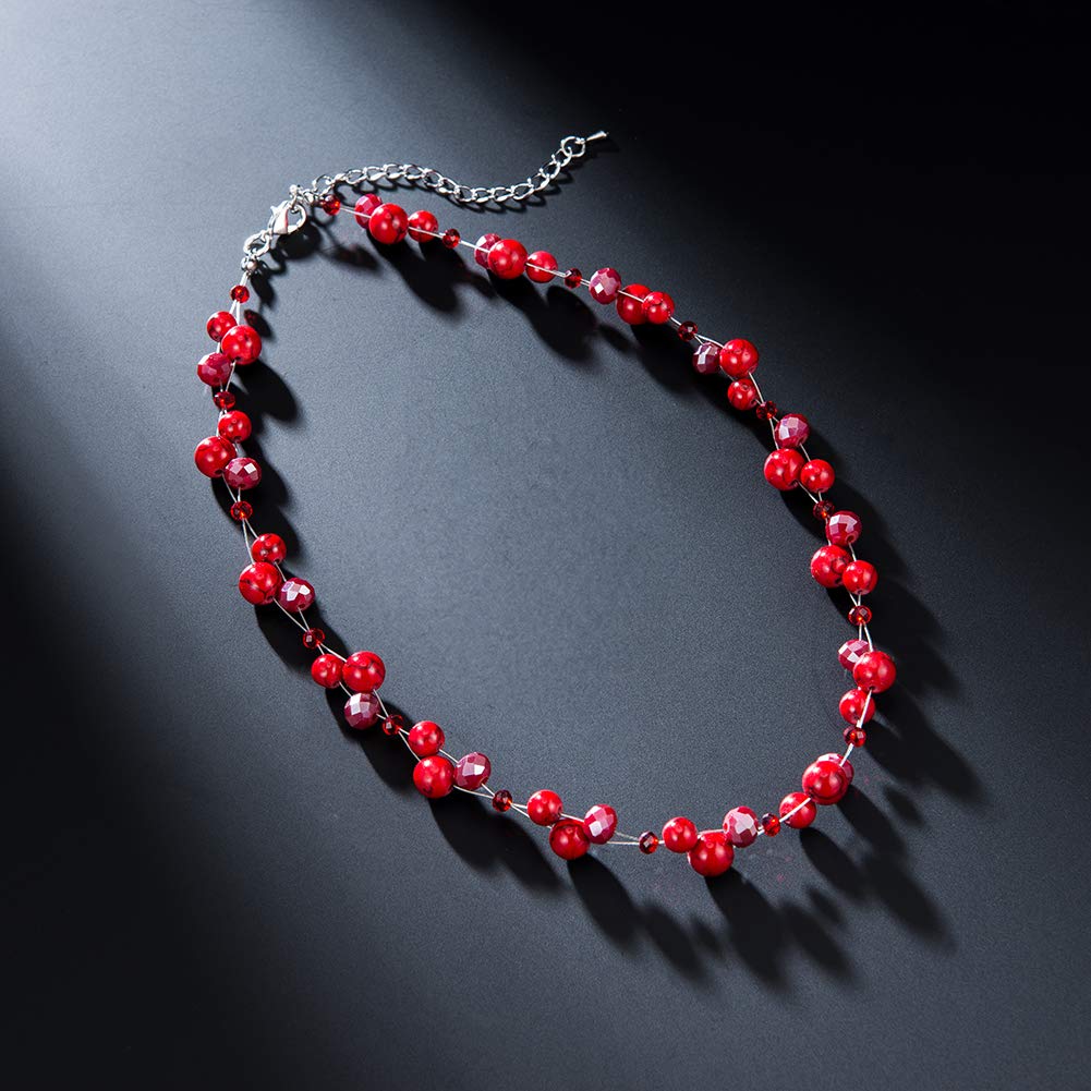 Short Beaded Turquoise Necklace For Women - Fashion Jewelry with Pearl and Crystal Bead, Birthday Gifts For Women (27-Red)