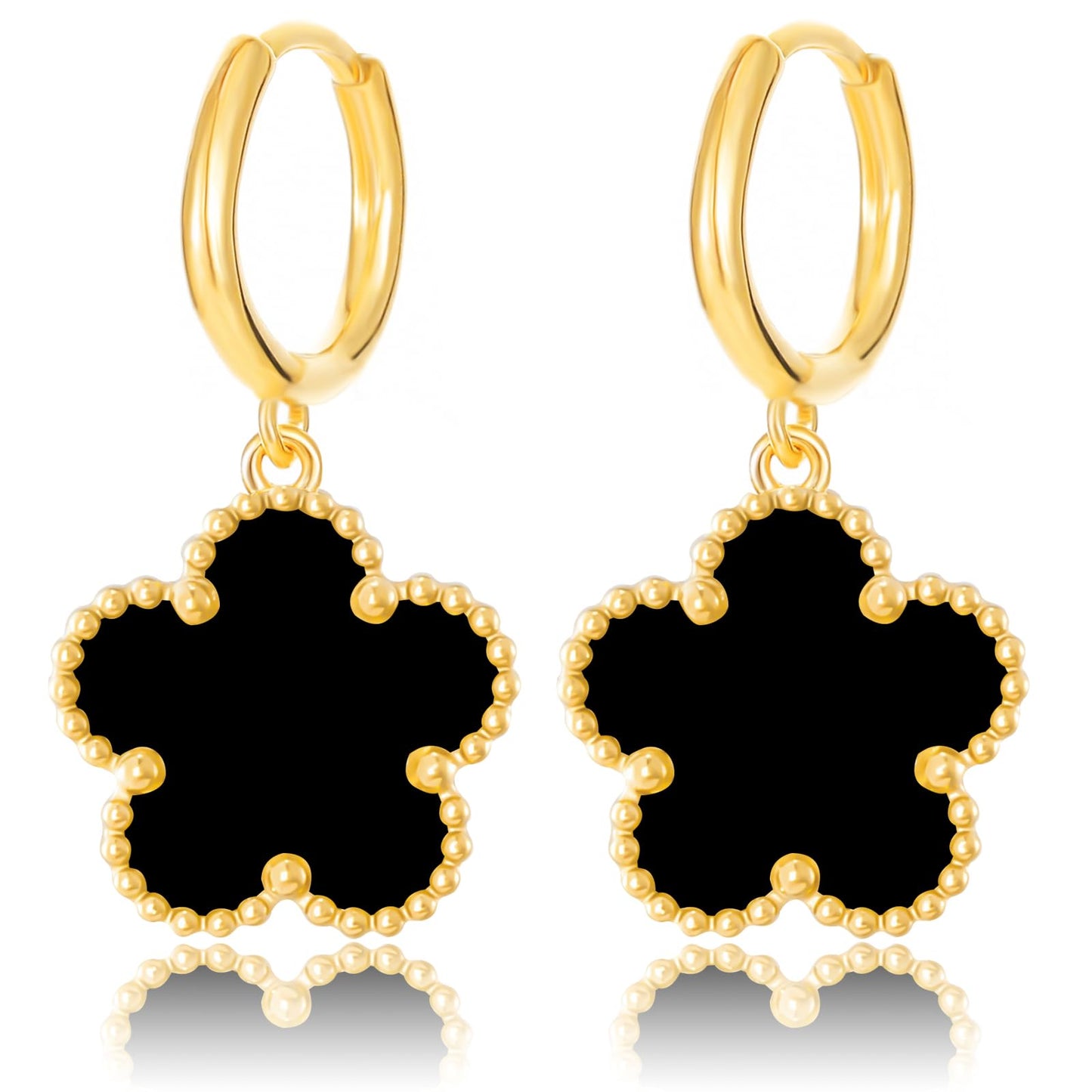 Gold Plated Five Leaf Clover Dangle Earrings for Women Lucky Flower Jewelry (Black-14K Gold Plated)