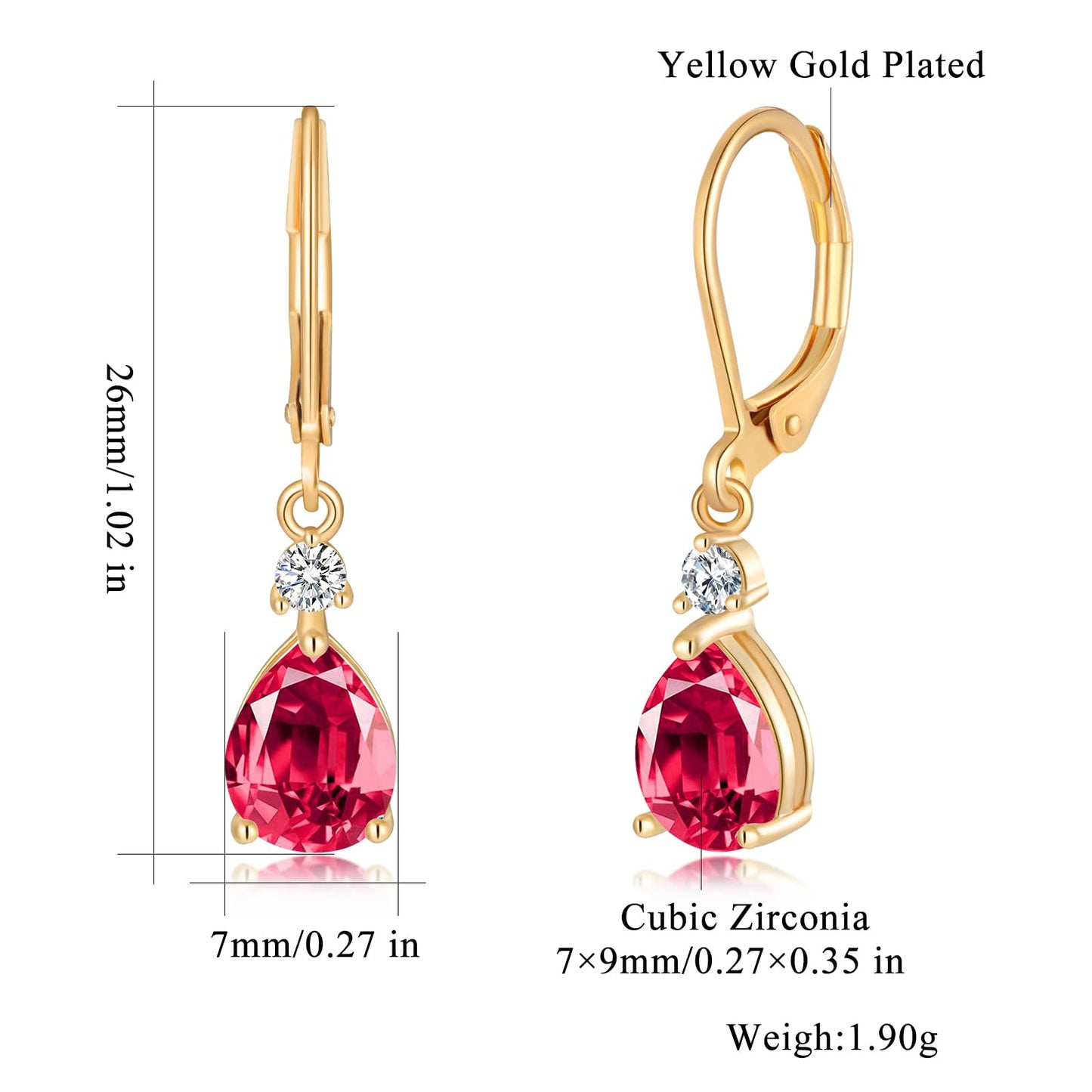 CiNily Leverback Dangle Earrings for Women 14K Gold Plated Drop Earrings Red Cubic Zircon Fashion Teardrop Hoop Earrings Hypoallergenic Mothers Day Jewelry for Her