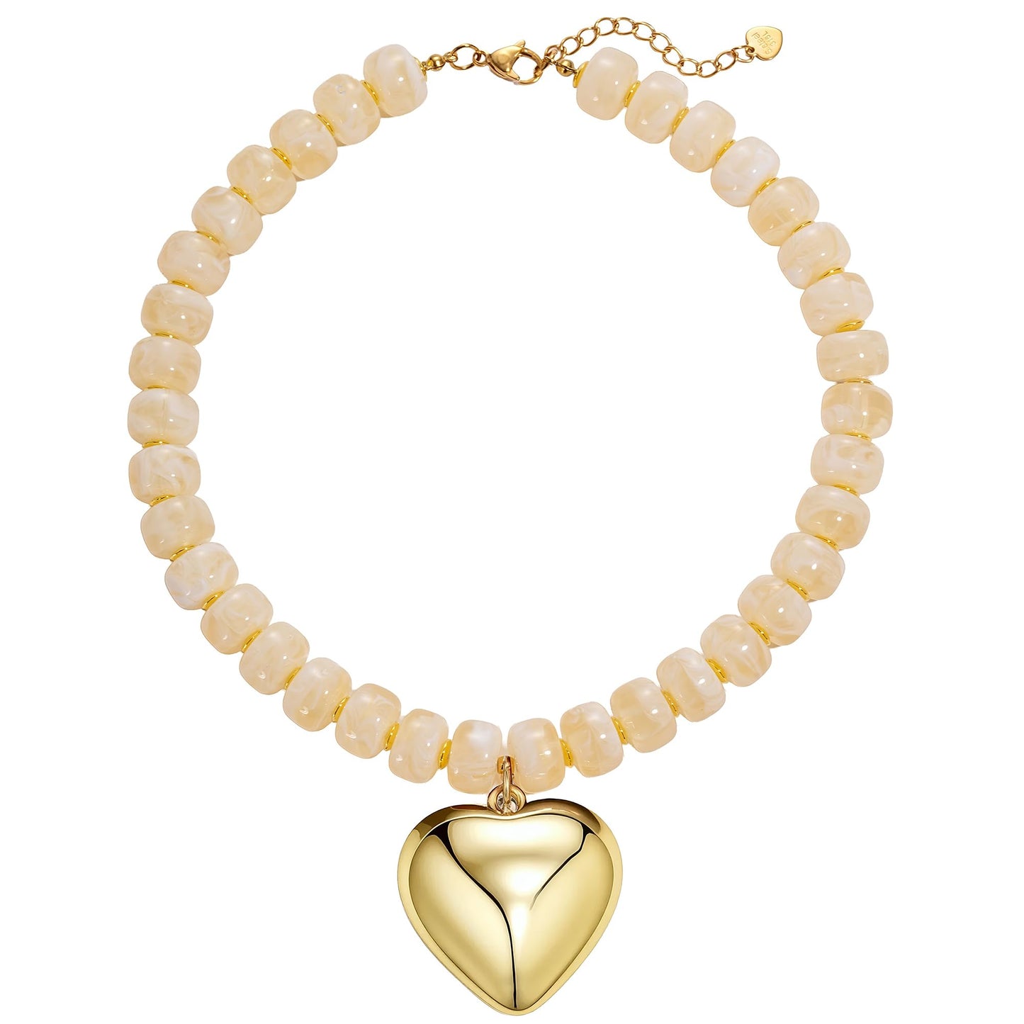MIUSISHIYU Honey Yellow Faux Agate Resin Chunky Necklaces for Women, Trendy Beaded Puffy Gold Heart Pendant Statement Choker, Lightweight Boho Y2K Summer Beach Jewelry