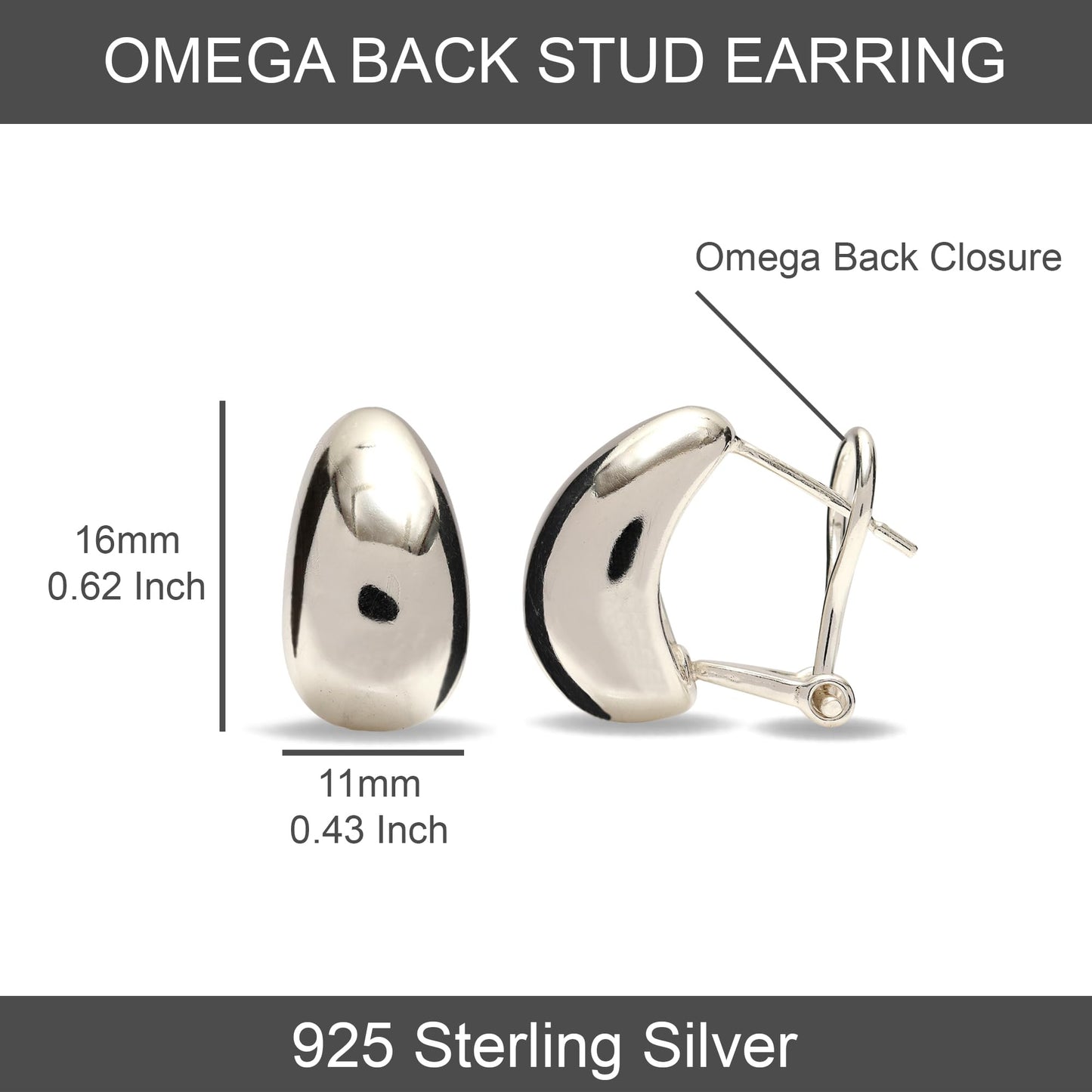 LeCalla 925 Sterling Silver Omega Back Earrings Omega-Clip Back Pierce Earrings Dome Clip On Large Omega Stud Earrings for Women - 16mm