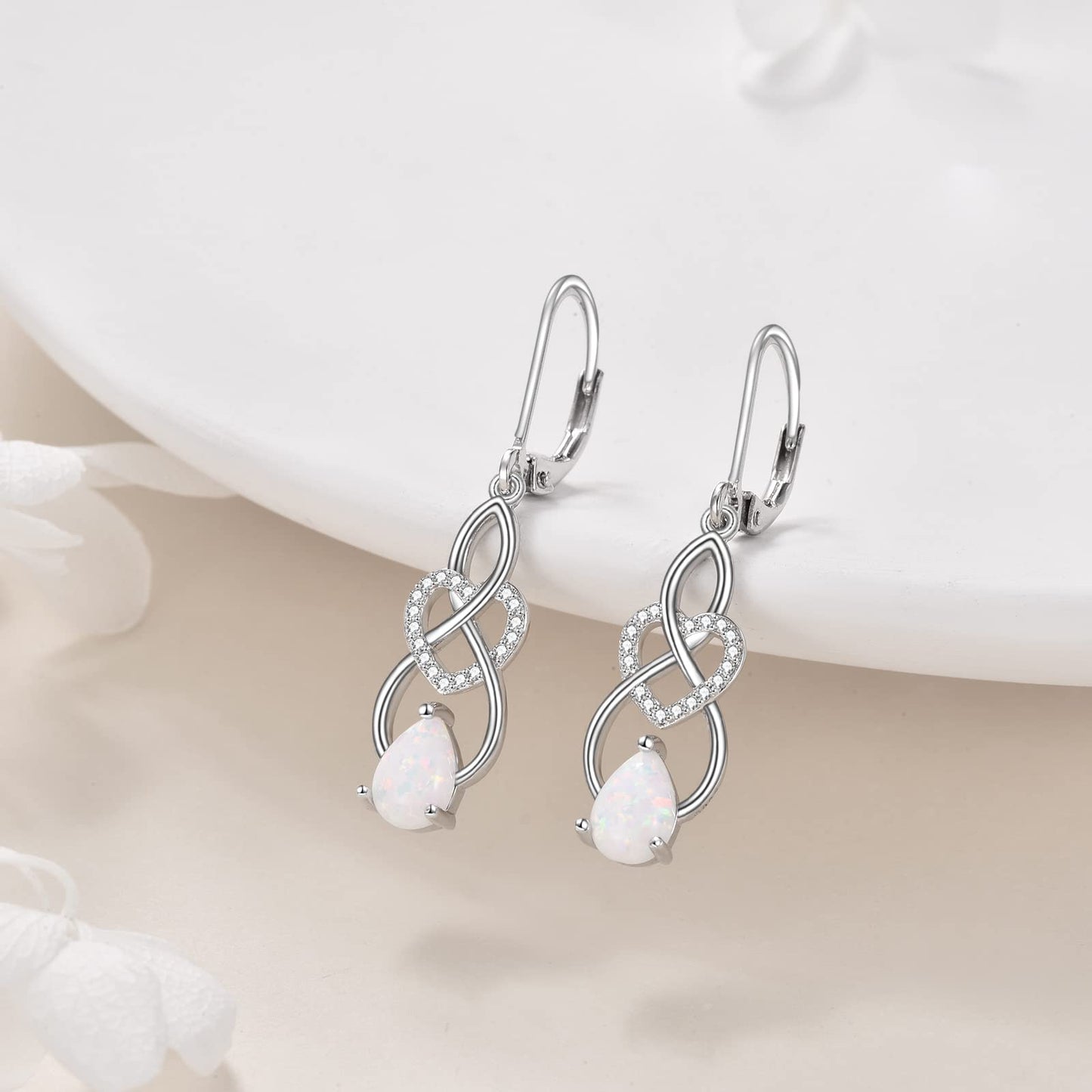 VONALA Opal Earrings 925 Sterling Silver Infinity Heart Dangle Drop Lervback Earrings Teardrop Dangling Twisted Earrings Jewelry Gift for Women