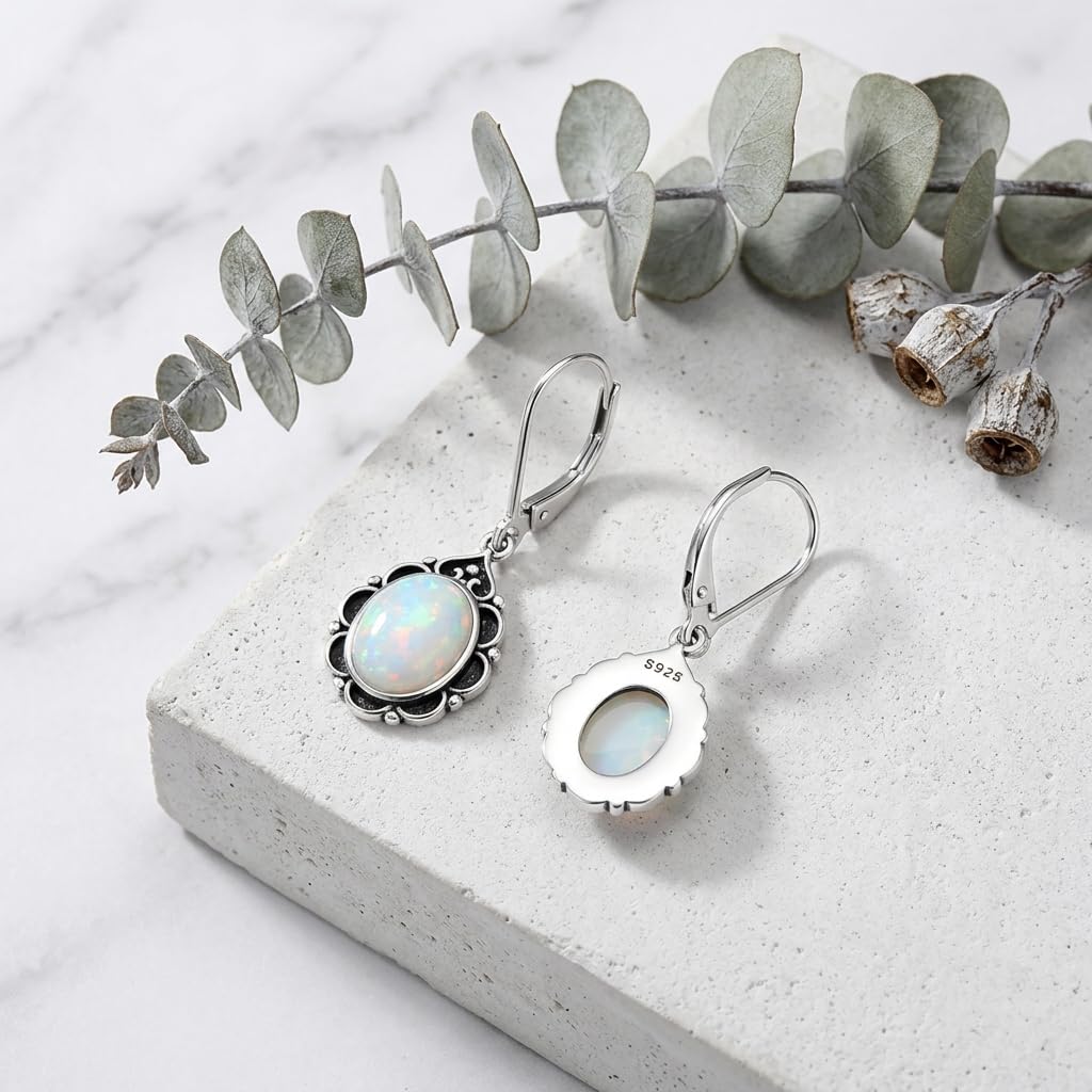 White Opal Drop Earrings for Women 925 Sterling Silver Vintage Oval 9x7mm Filigree Leverback Dangle Earrings, Gothic Victorian Antique Jewelry Gifts