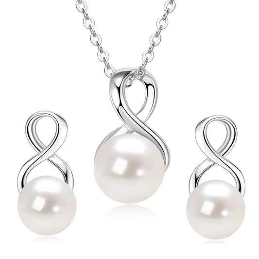 DENGGUANG Pearl Necklace and Earring Set for Women, 925 Sterling Silver Freshwater Cultured Pearl Infinity Wedding Jewelry Anniversary Birthday Gifts for Her